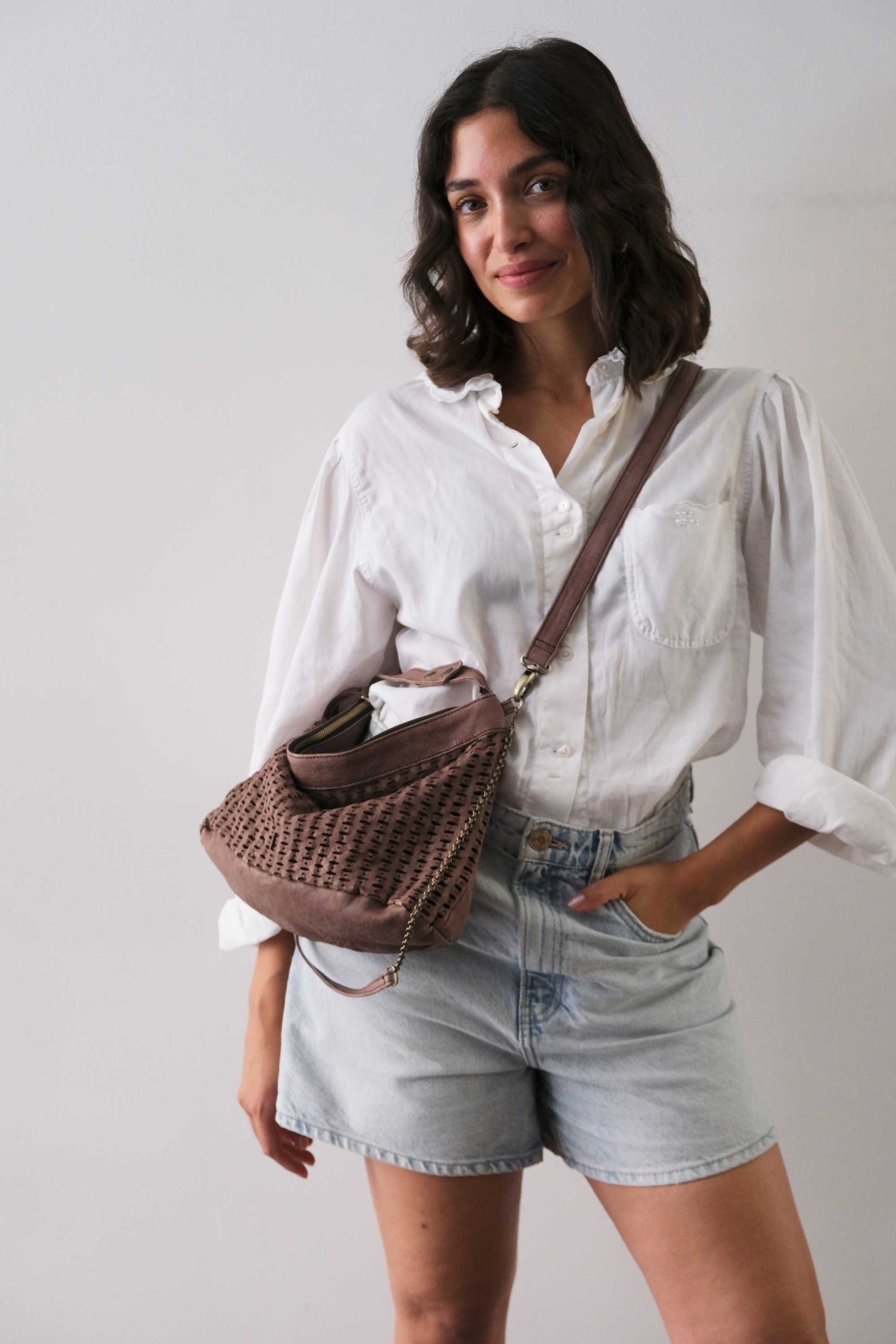 Chicca Media hobo bag in taupe perforated giunco nappa - Made in Italy -