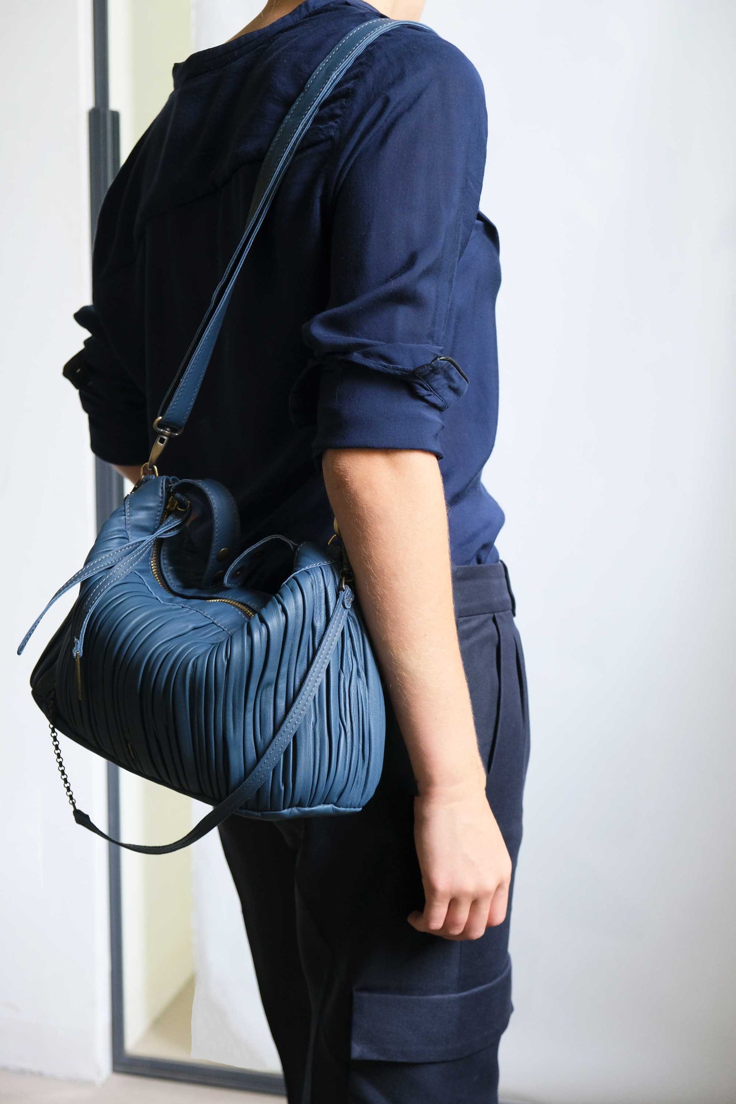Chicca Media hobo bag in denim pleated leather