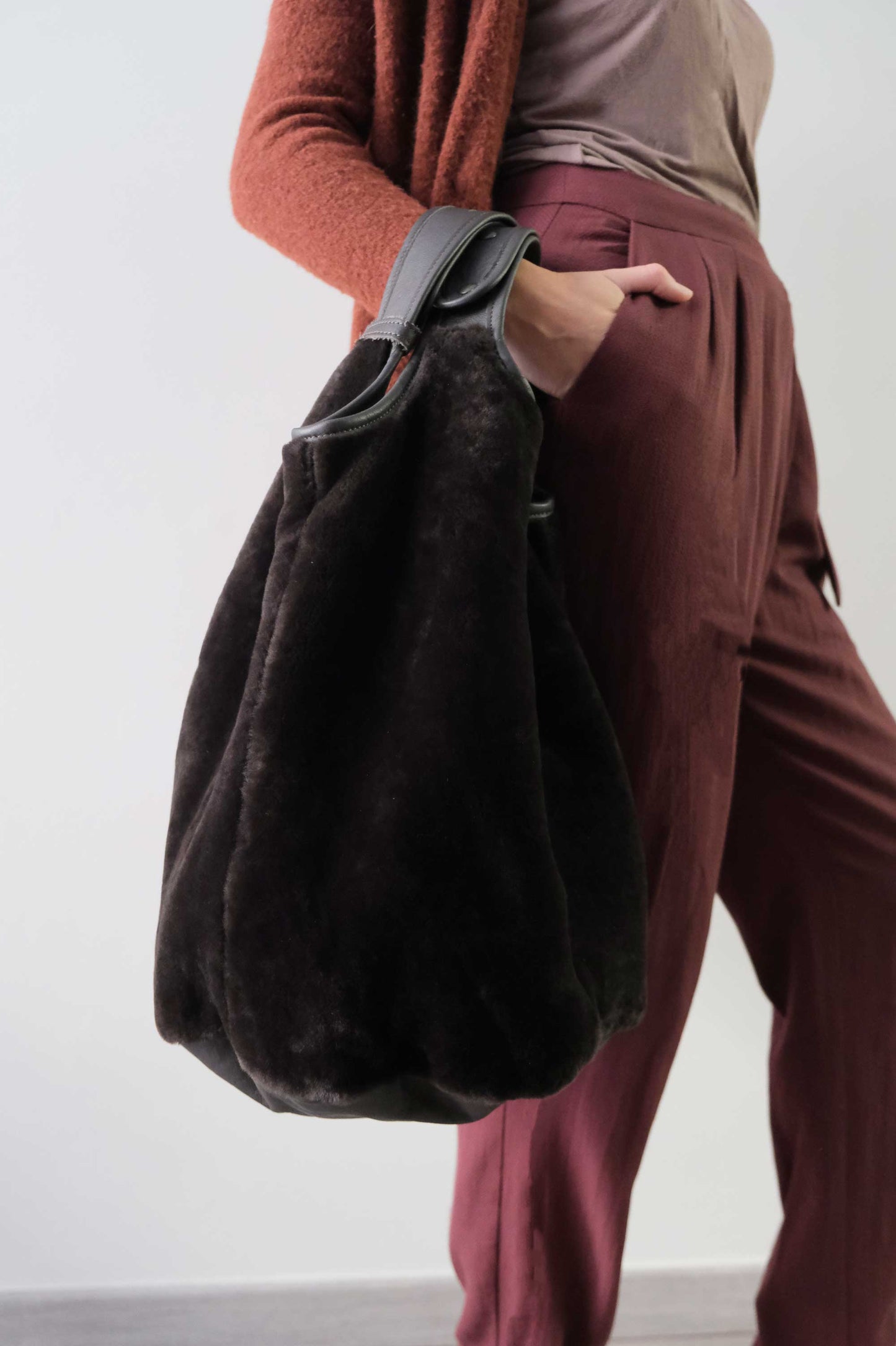 Lena tote bag in brown shearling leather - Made in Italy -