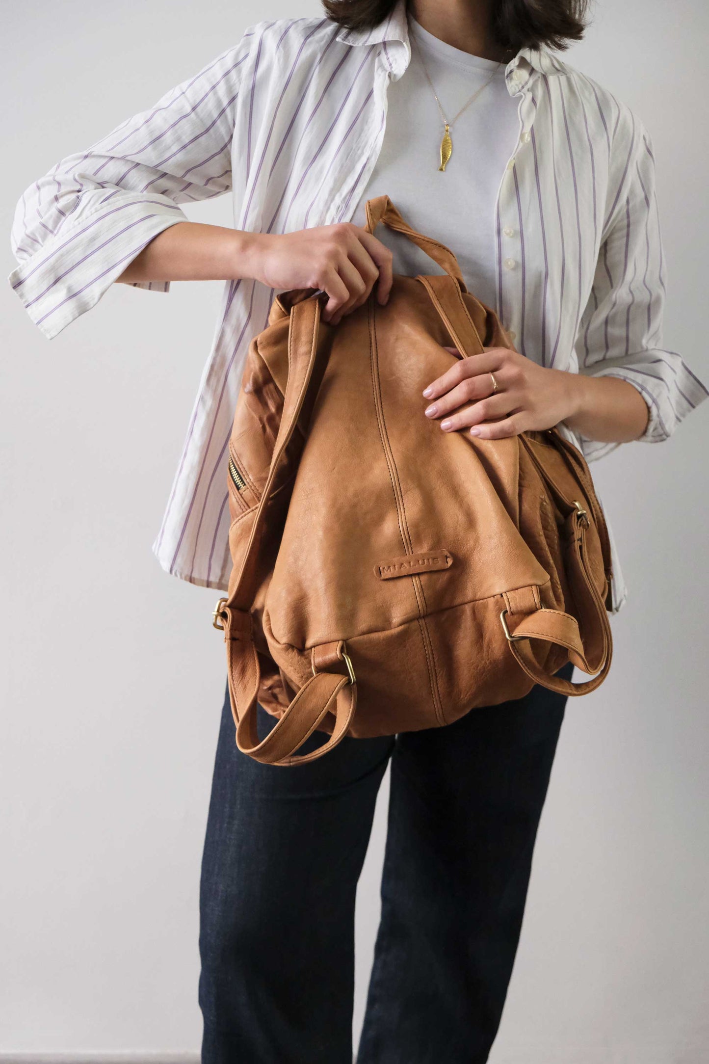 Nerina backpack in leather cognac washed and soft lomè nappa leather - Made in Italy -