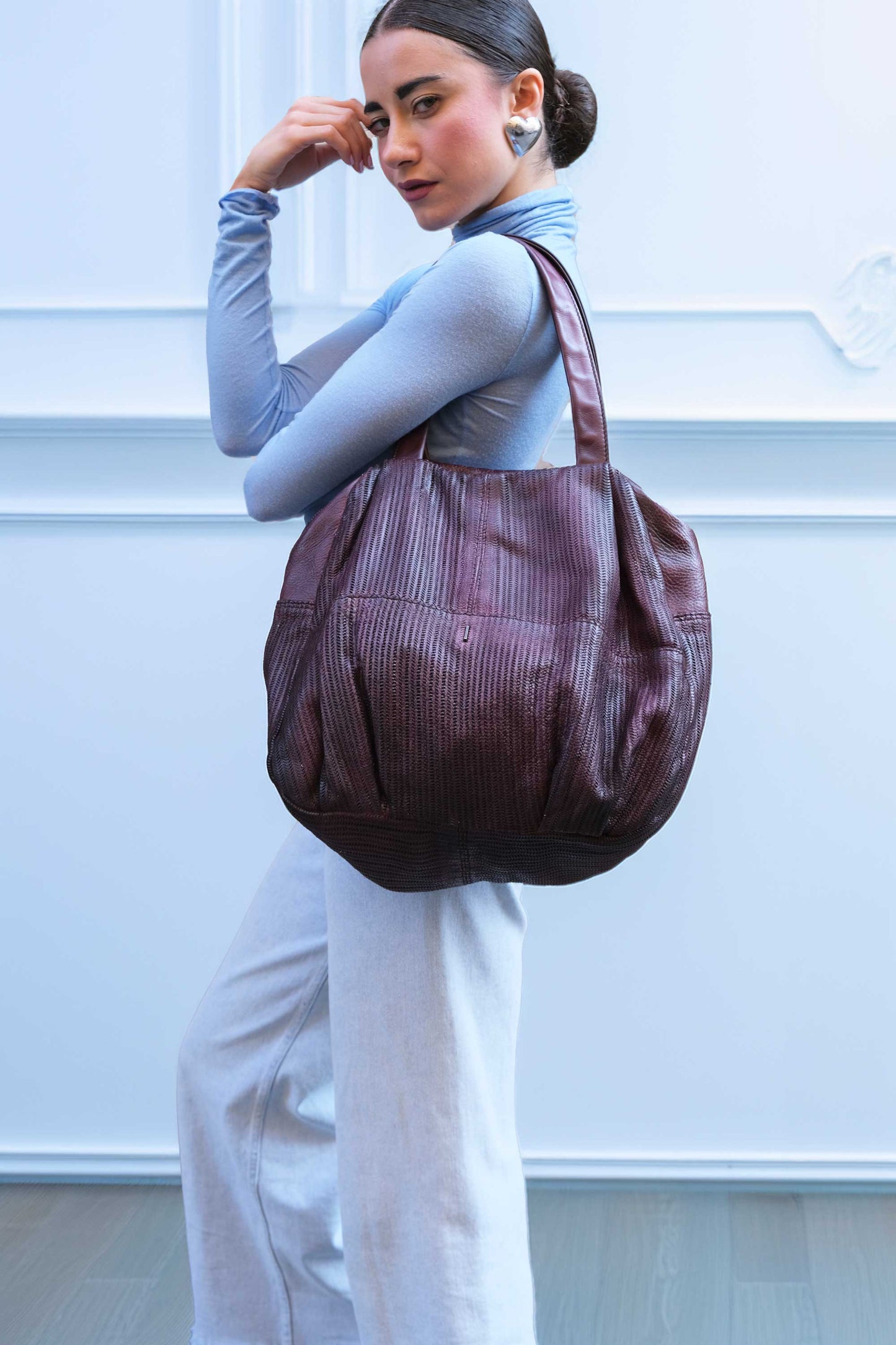 Riri tote bag in plum turner calf soft leather - Made in Italy -