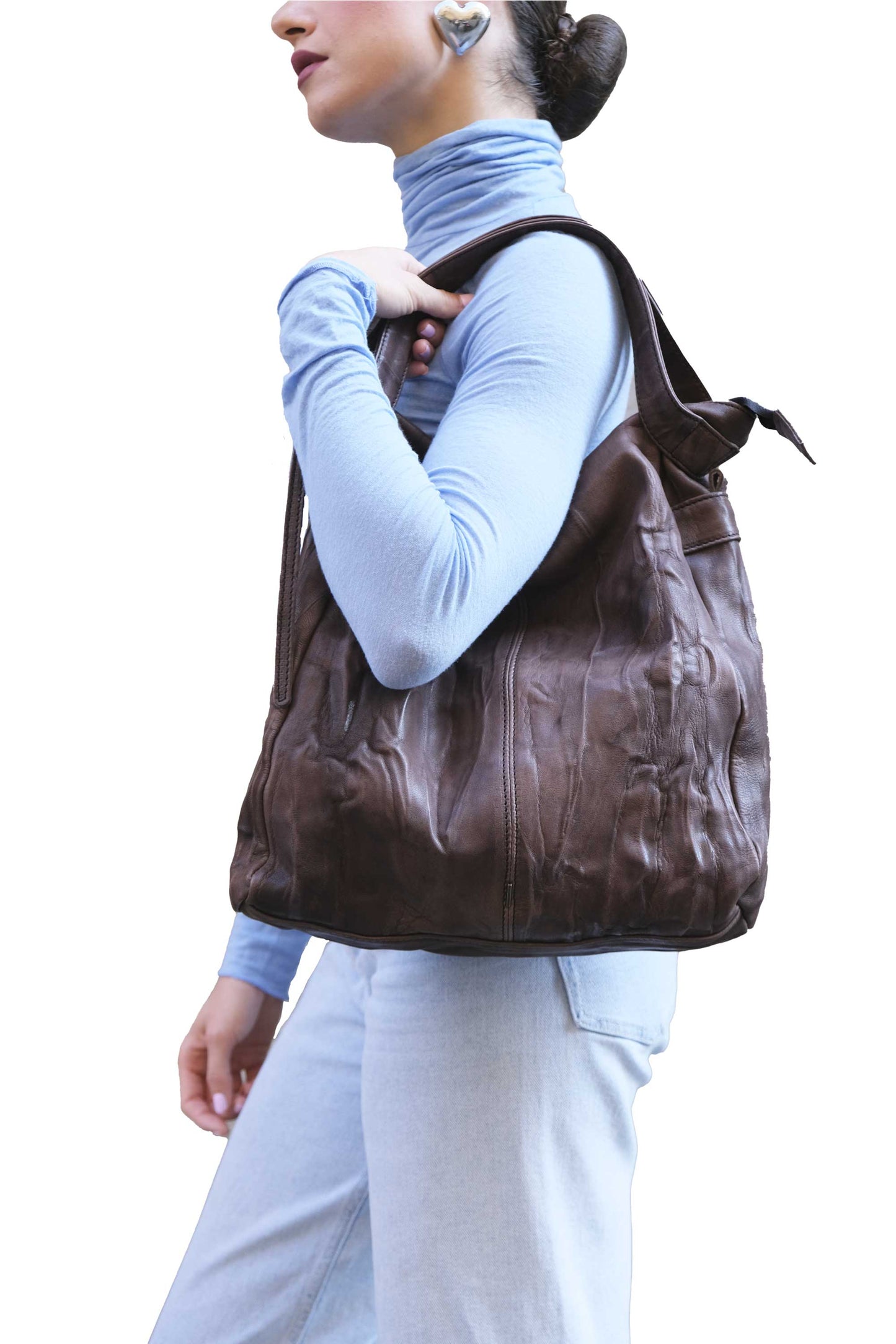 LAUNCH PRICE €298 UNTIL OCTOBER 30 - Valy tote bag in soft nappa lomé brown - Made in Italy -