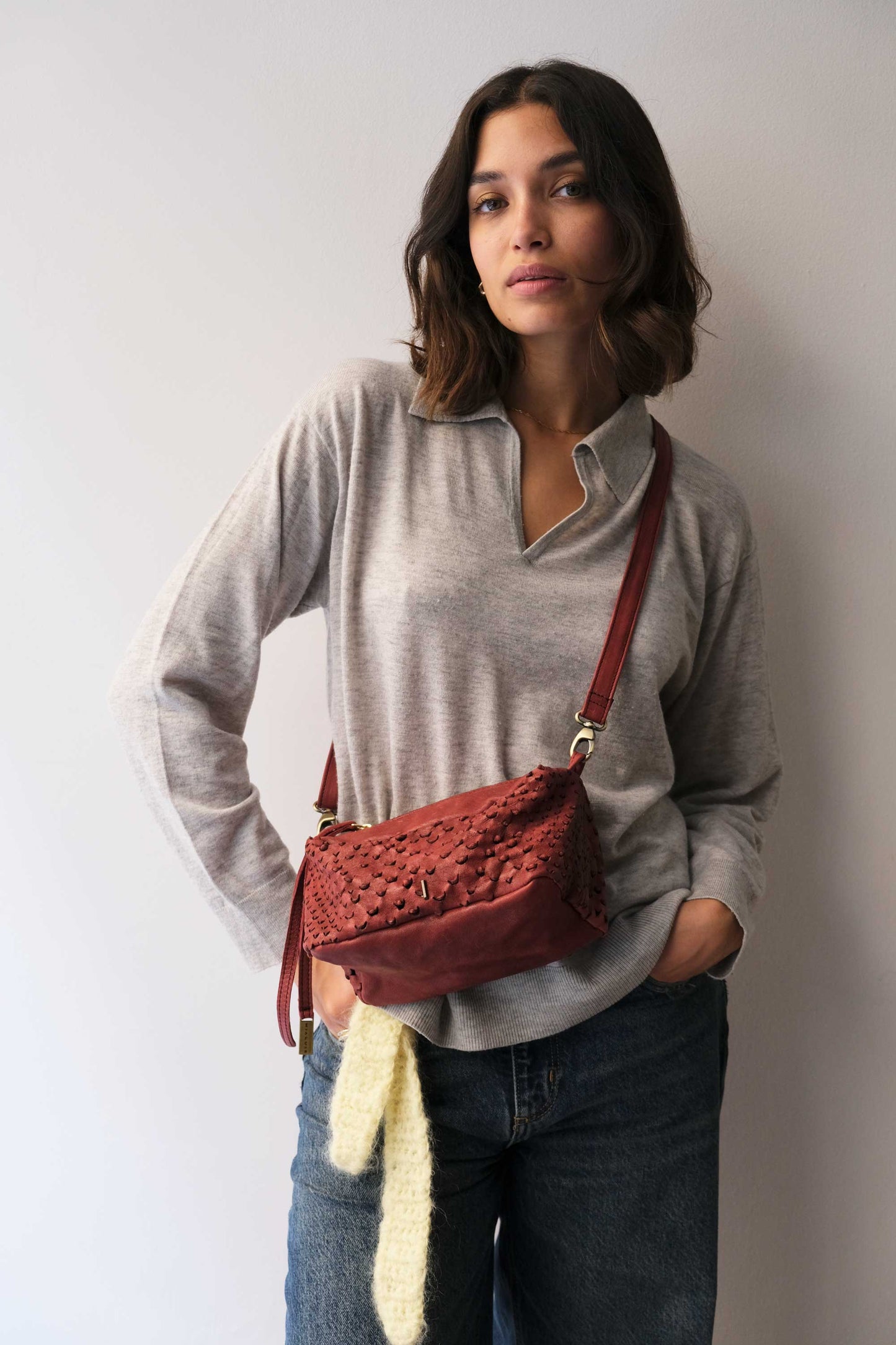 Bobo mini in cherry perforated nappa vegetable leather - Made in Italy -