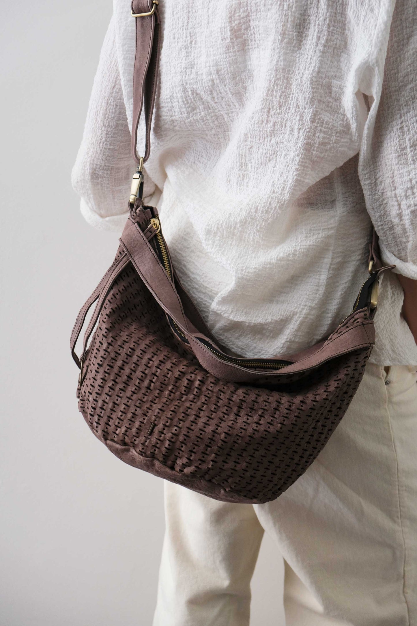 Carola bag in taupe perforated giunco soft leather - Made in Italy -