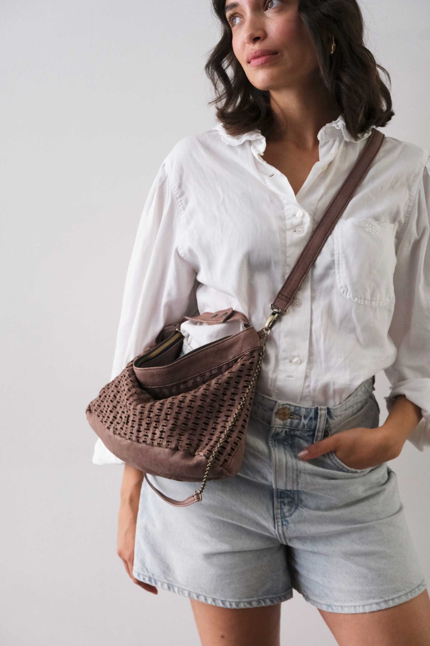 Chicca Media hobo bag in taupe perforated giunco nappa - Made in Italy -