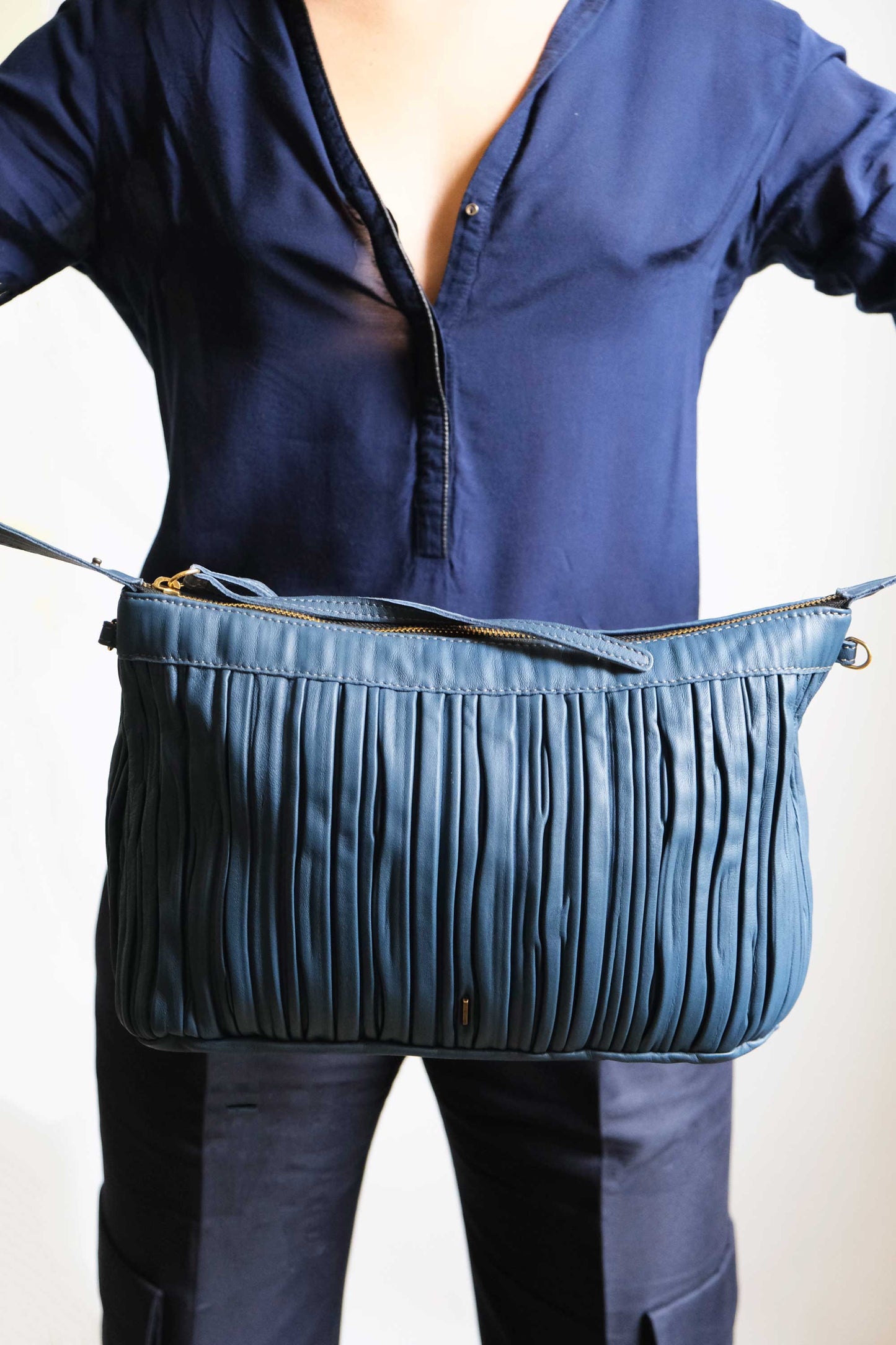 Chicca Media hobo bag in denim pleated leather