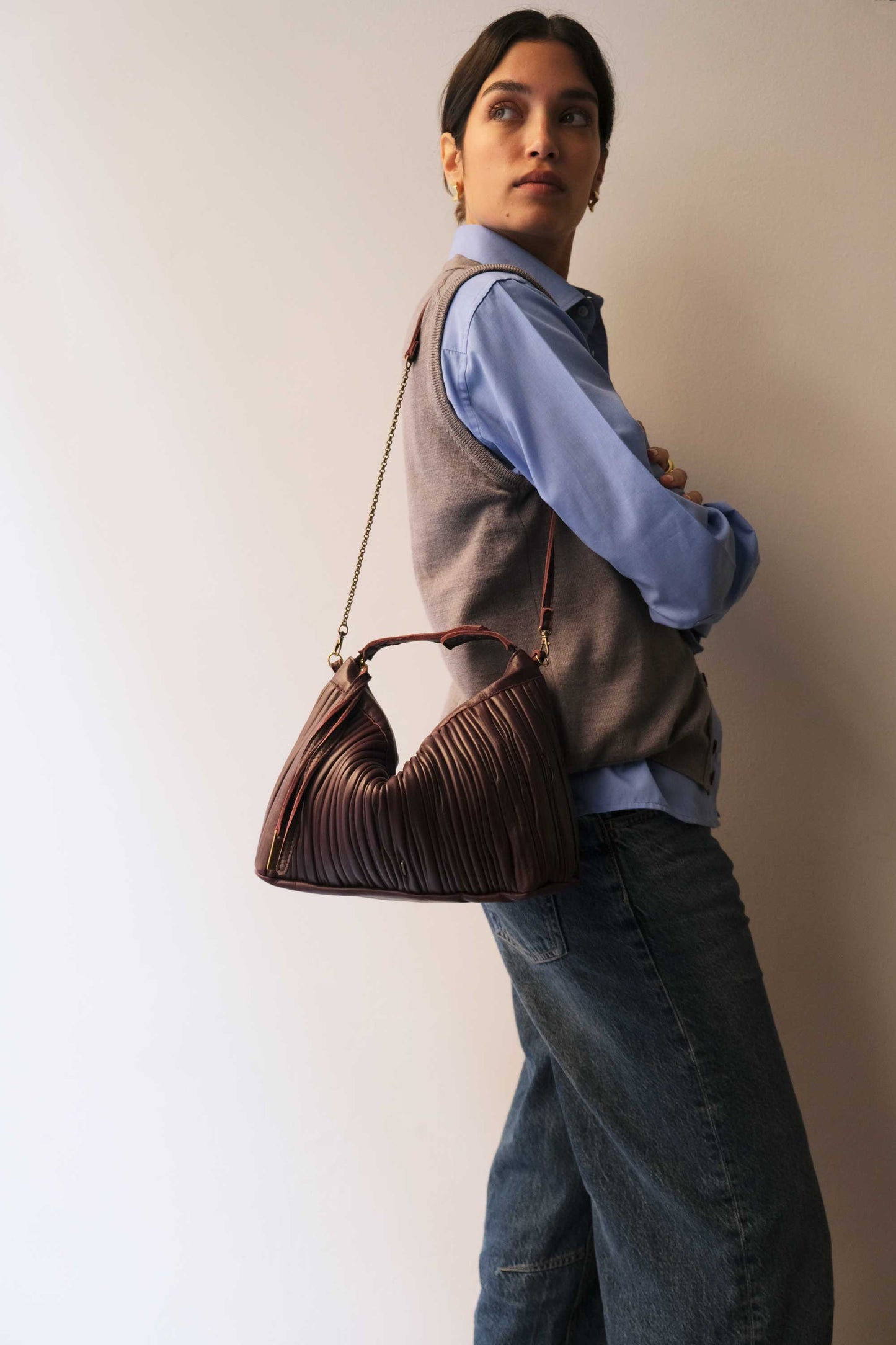 PRE ORDER discount 15%-Chicca Media hobo bag in plum pleated leather - use code PREORDER15 - ESTIMATED DELIVERY SEPTEMBER 15- Made in Italy -