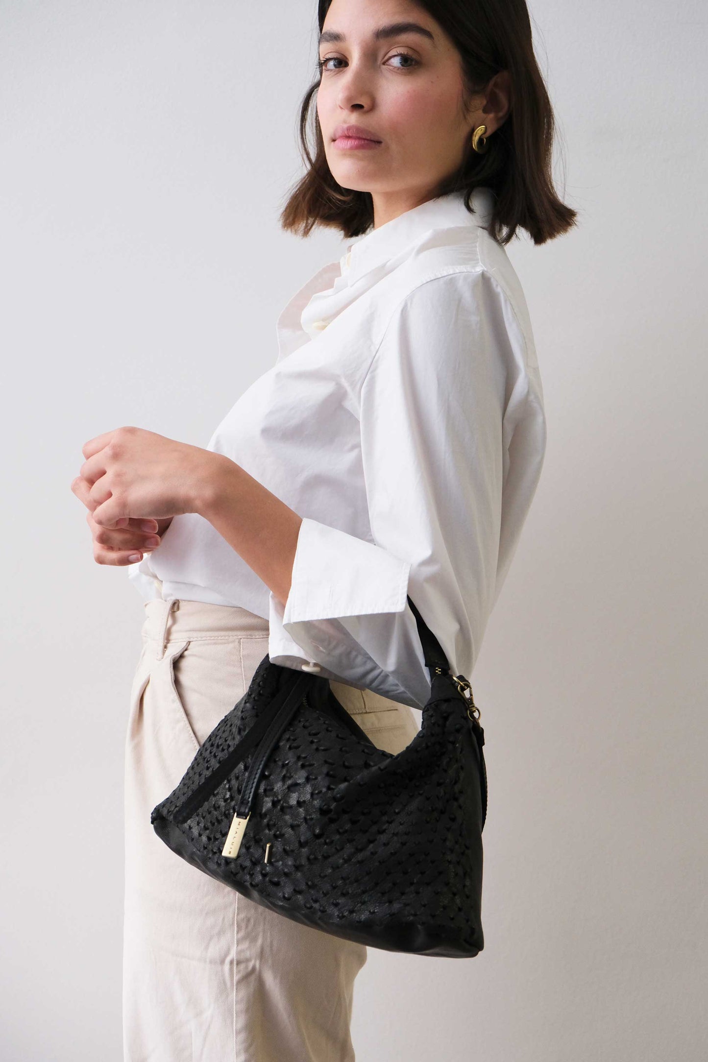 Chicca Media hobo bag in black perforated nappa - Made in Italy -