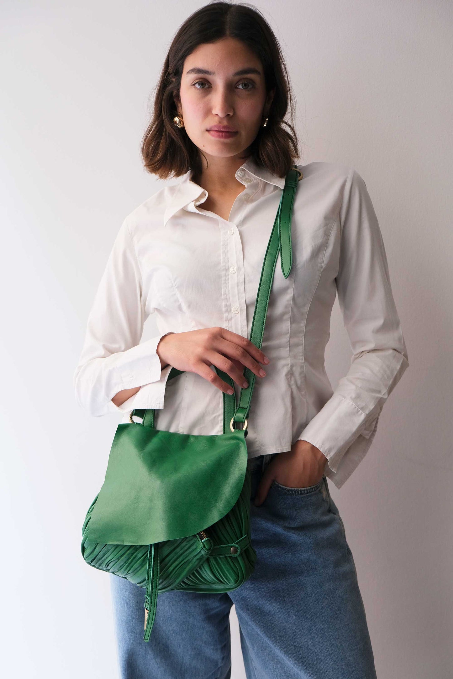 Minu in pleated emerald colour leather - Made in Italy -