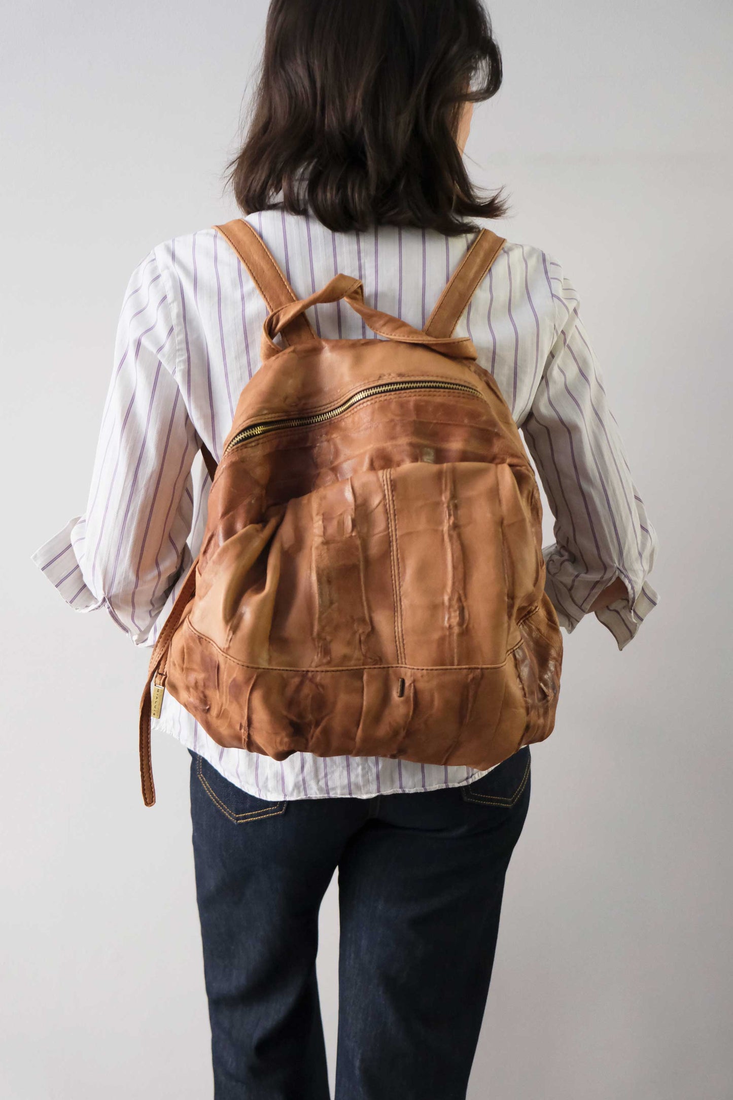 Nerina backpack in leather cognac washed and soft lomè nappa leather - Made in Italy -