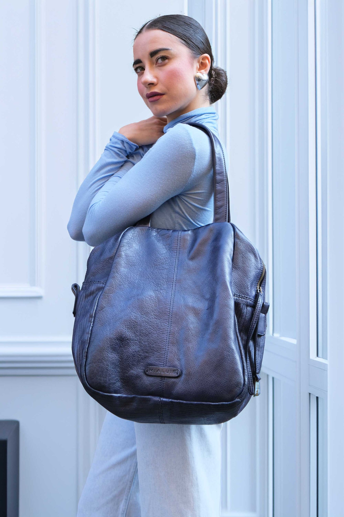 Riri tote bag in cobalt turner calf soft leather - Made in Italy -