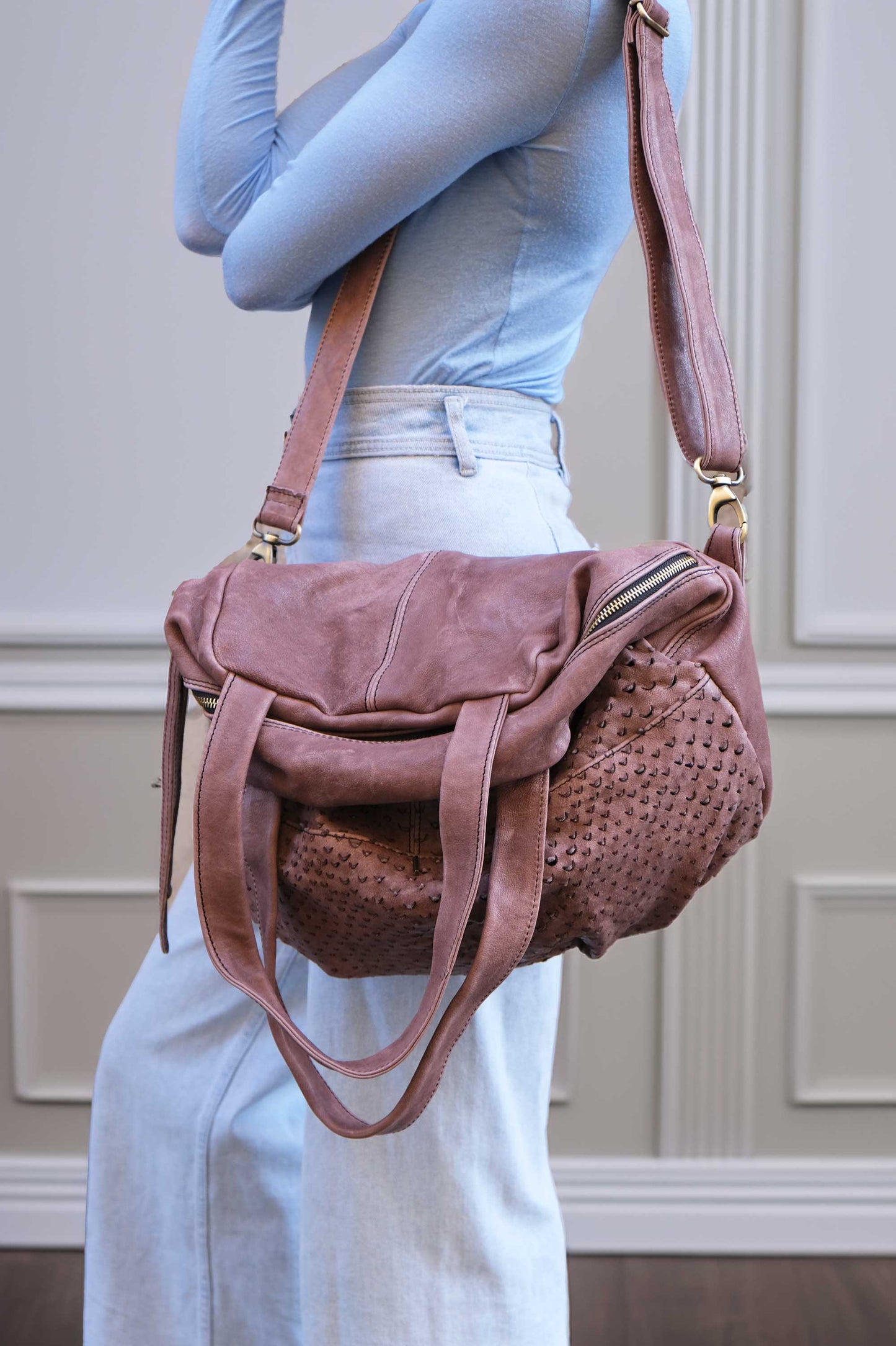 Riri tote bag in taupe perforated nappa - Made in Italy -