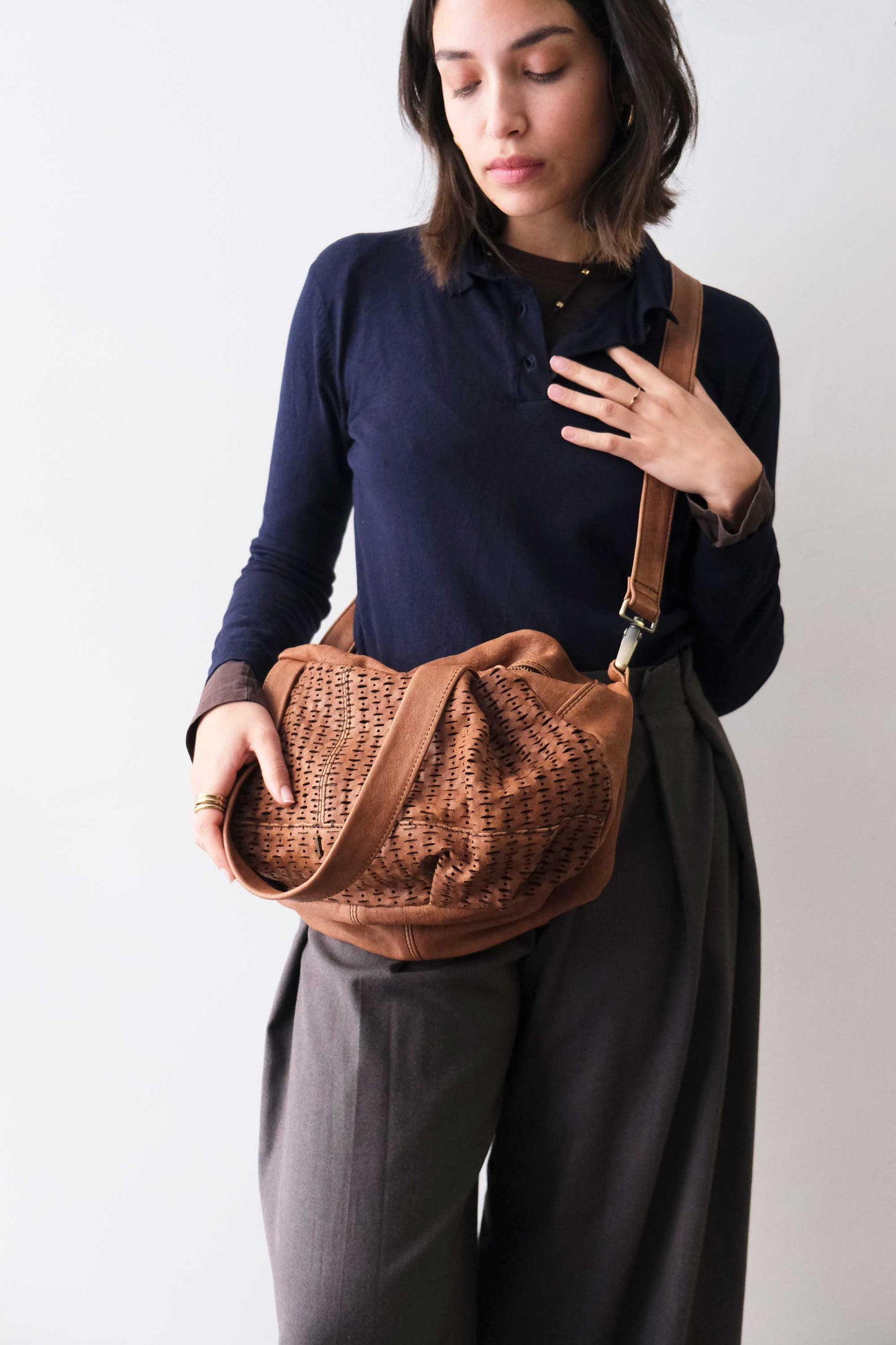 Betty tote in chocolate perforated giunco nappa leather - Made in Italy -