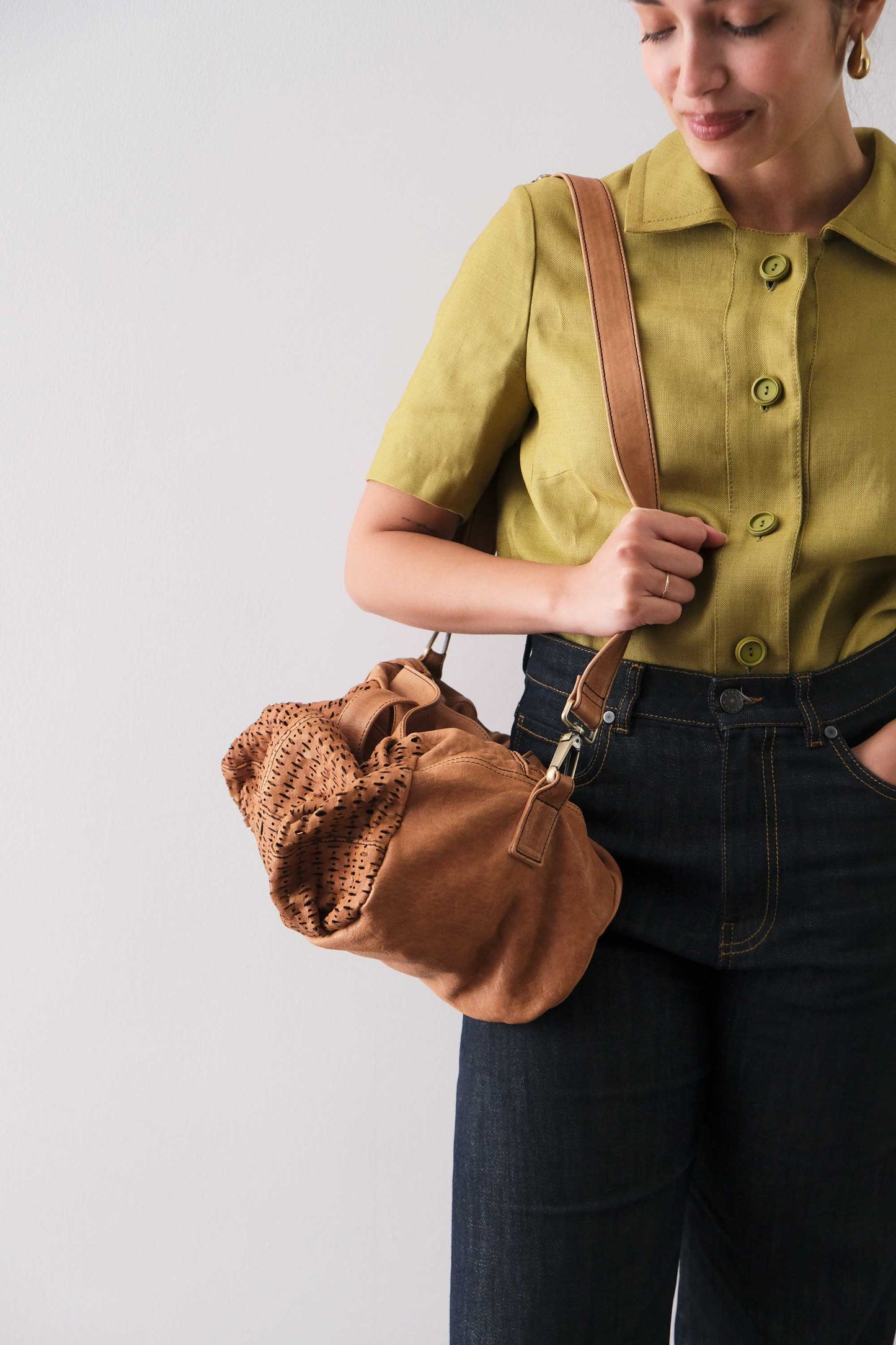 Betty tote nappa laserata giunco cognac - Made in Italy -