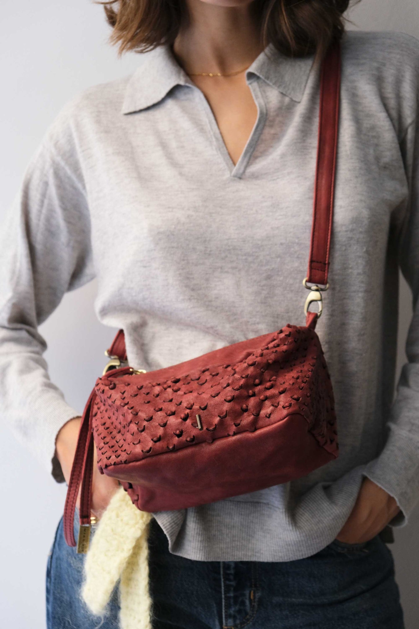 Bobo mini in cherry perforated nappa vegetable leather - Made in Italy -