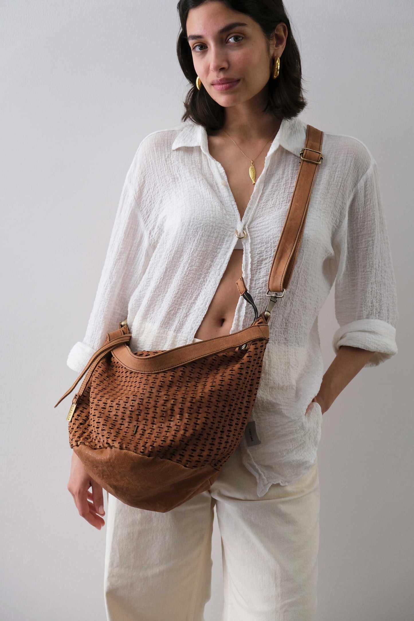 Carola bag cognac in morbida nappa traforata giunco - Made in Italy -
