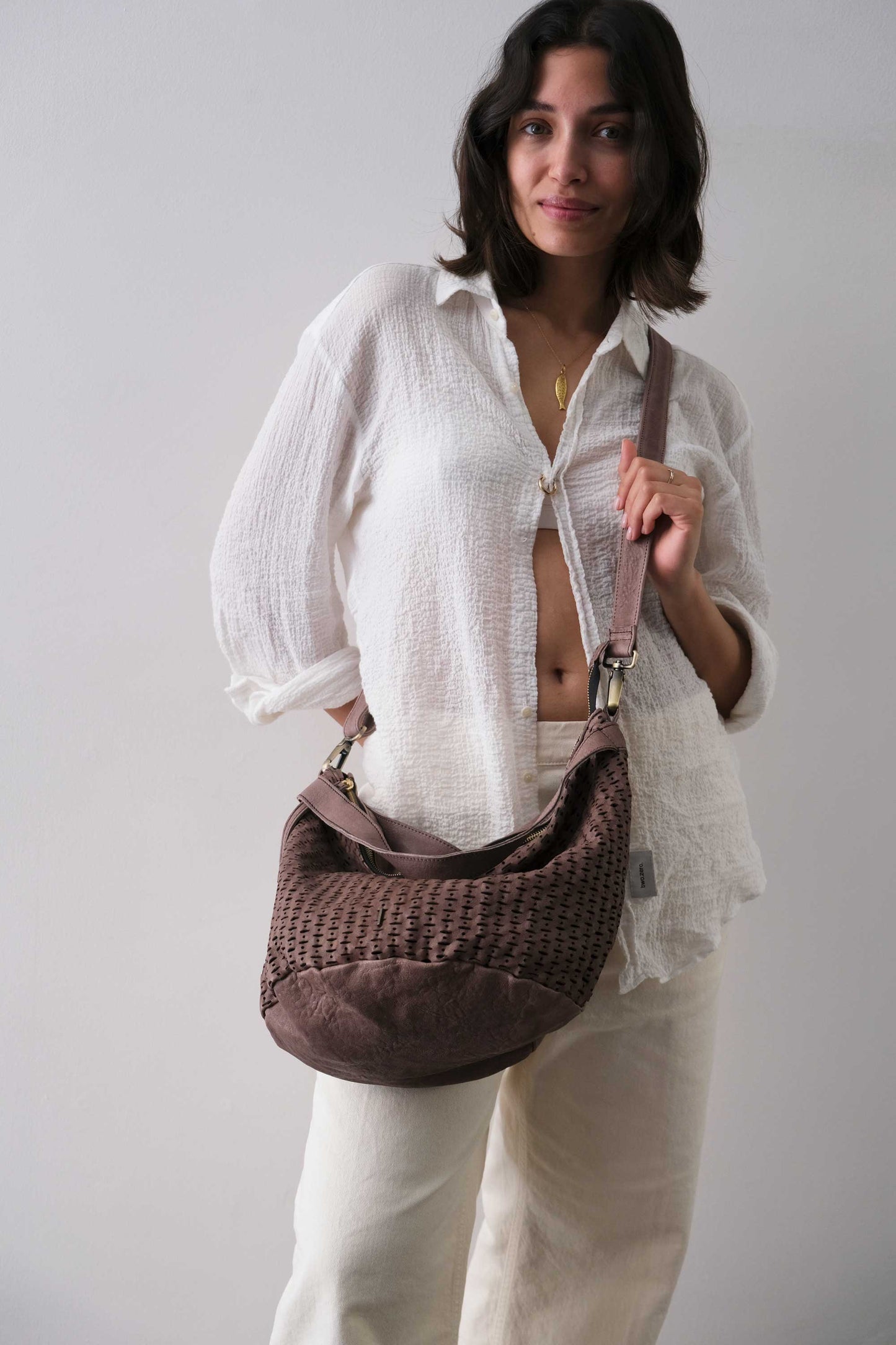 Carola bag in taupe perforated giunco soft leather - Made in Italy -