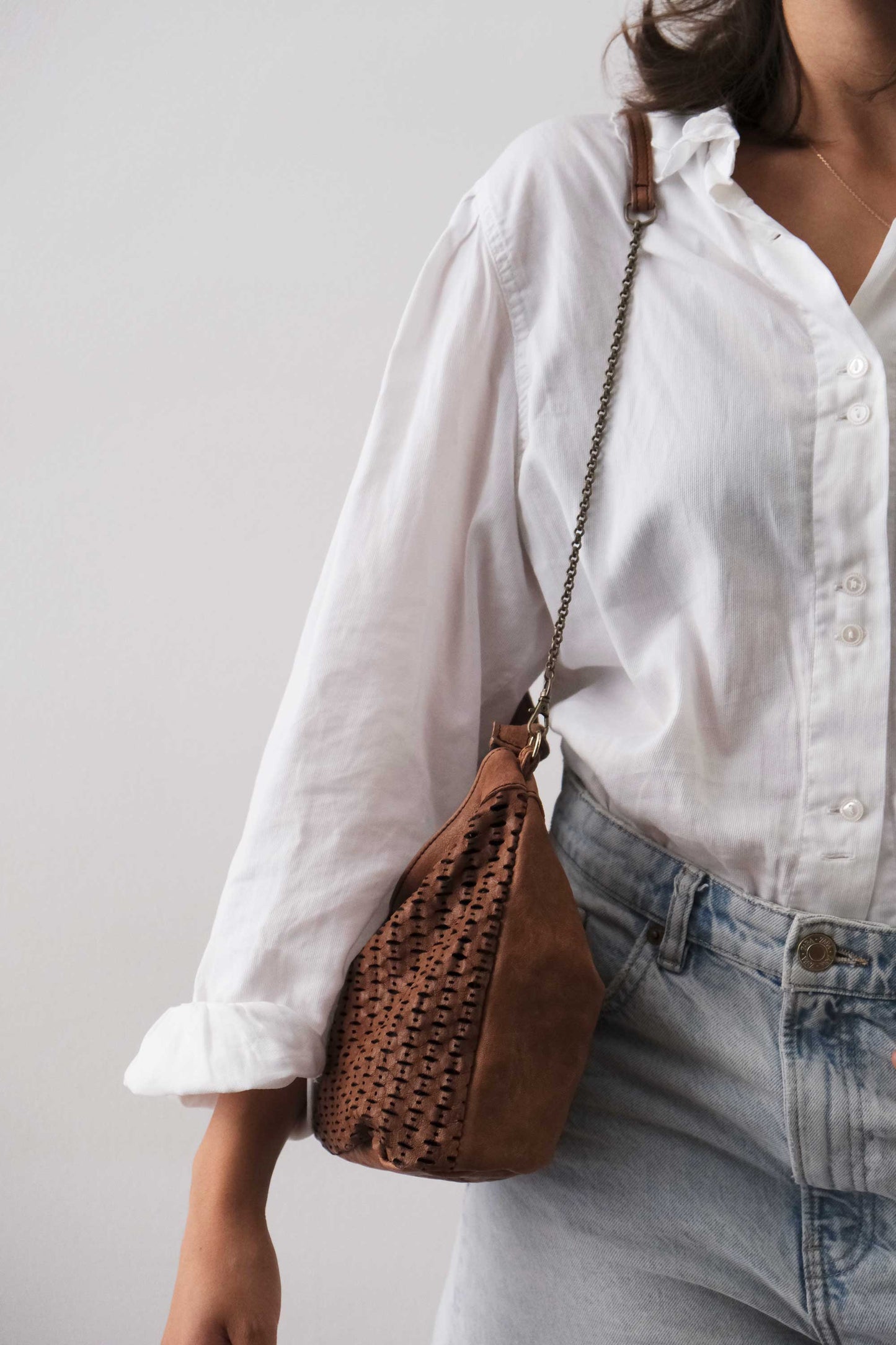 Chicca Media hobo bag in chocolate perforated giunco nappa - Made in Italy -