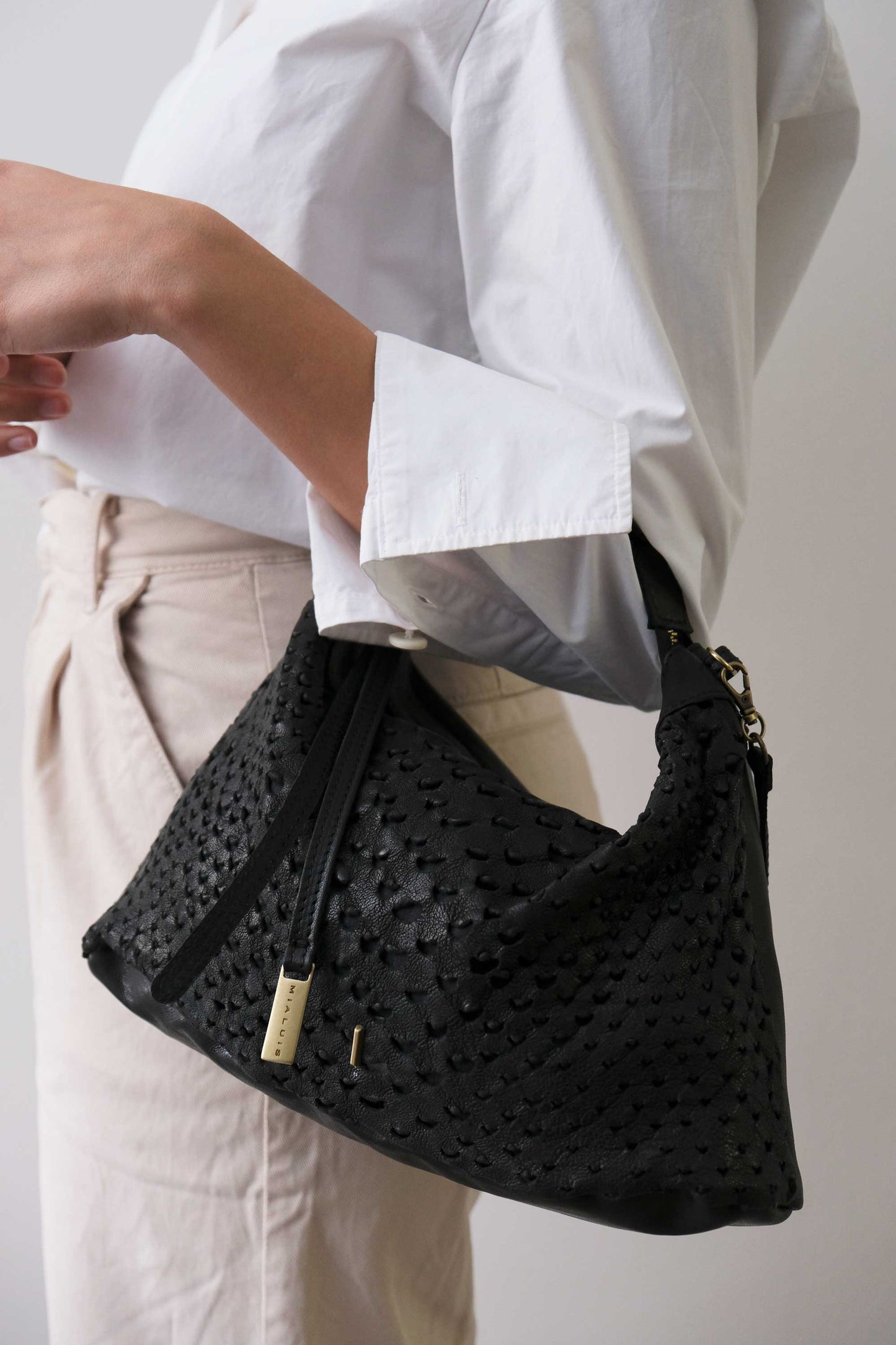 Chicca Media hobo bag in black perforated nappa - Made in Italy -