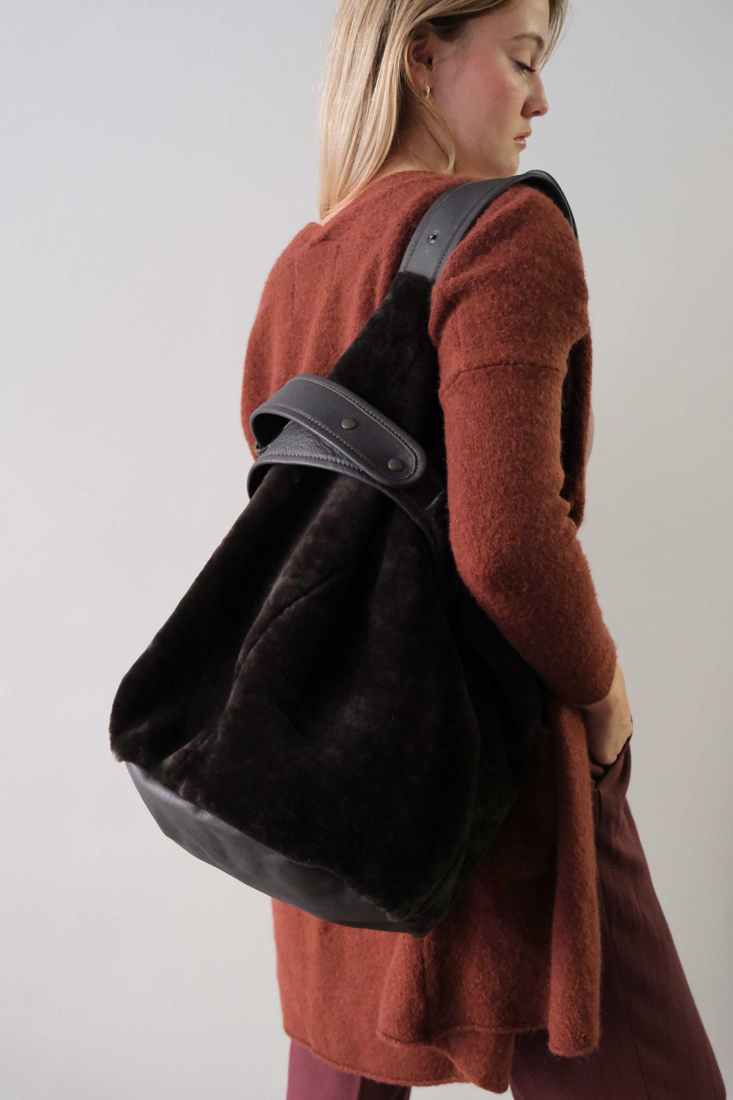 Lena tote bag in brown shearling leather - Made in Italy -