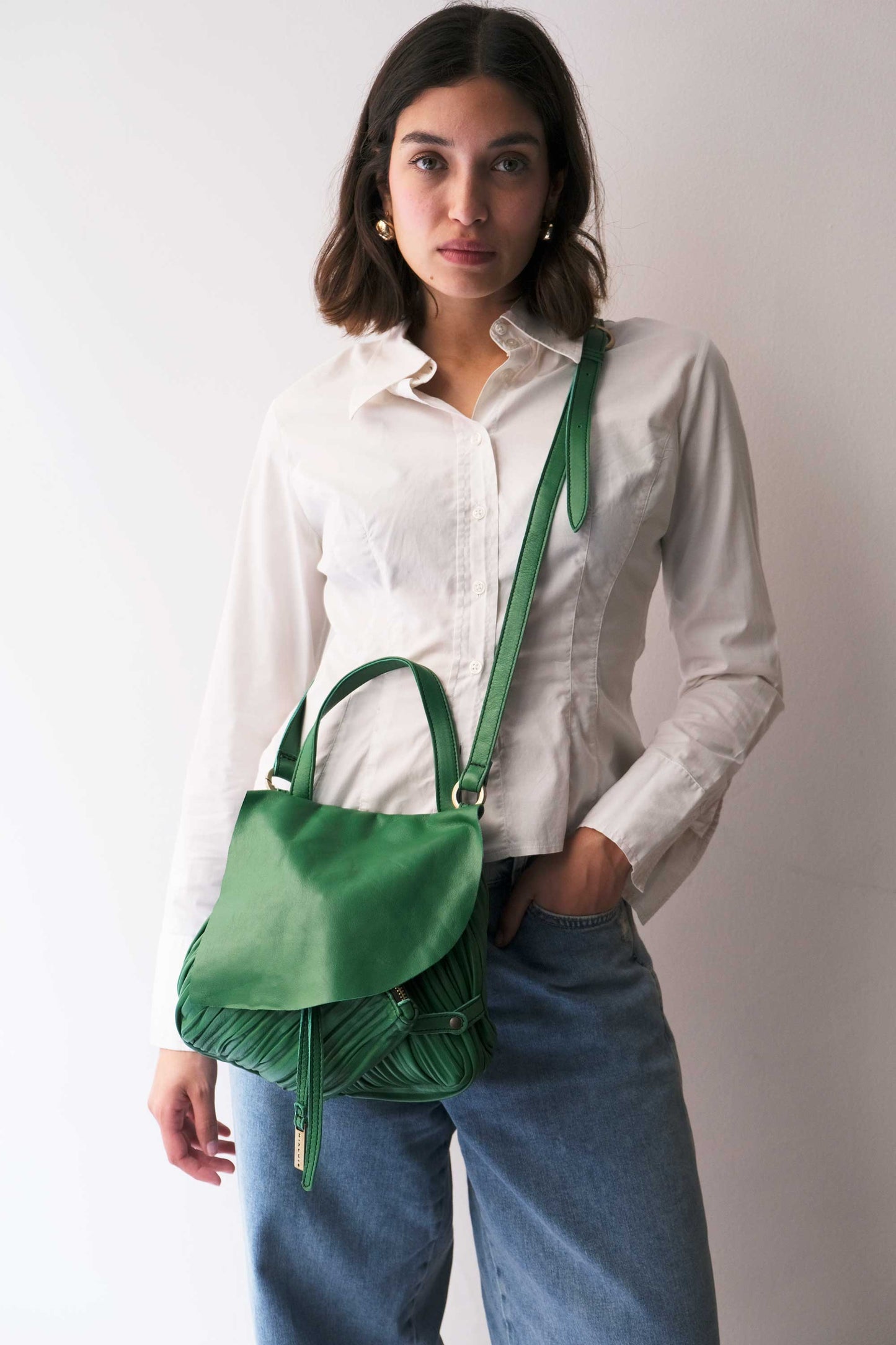 Minu in pleated emerald colour leather - Made in Italy -
