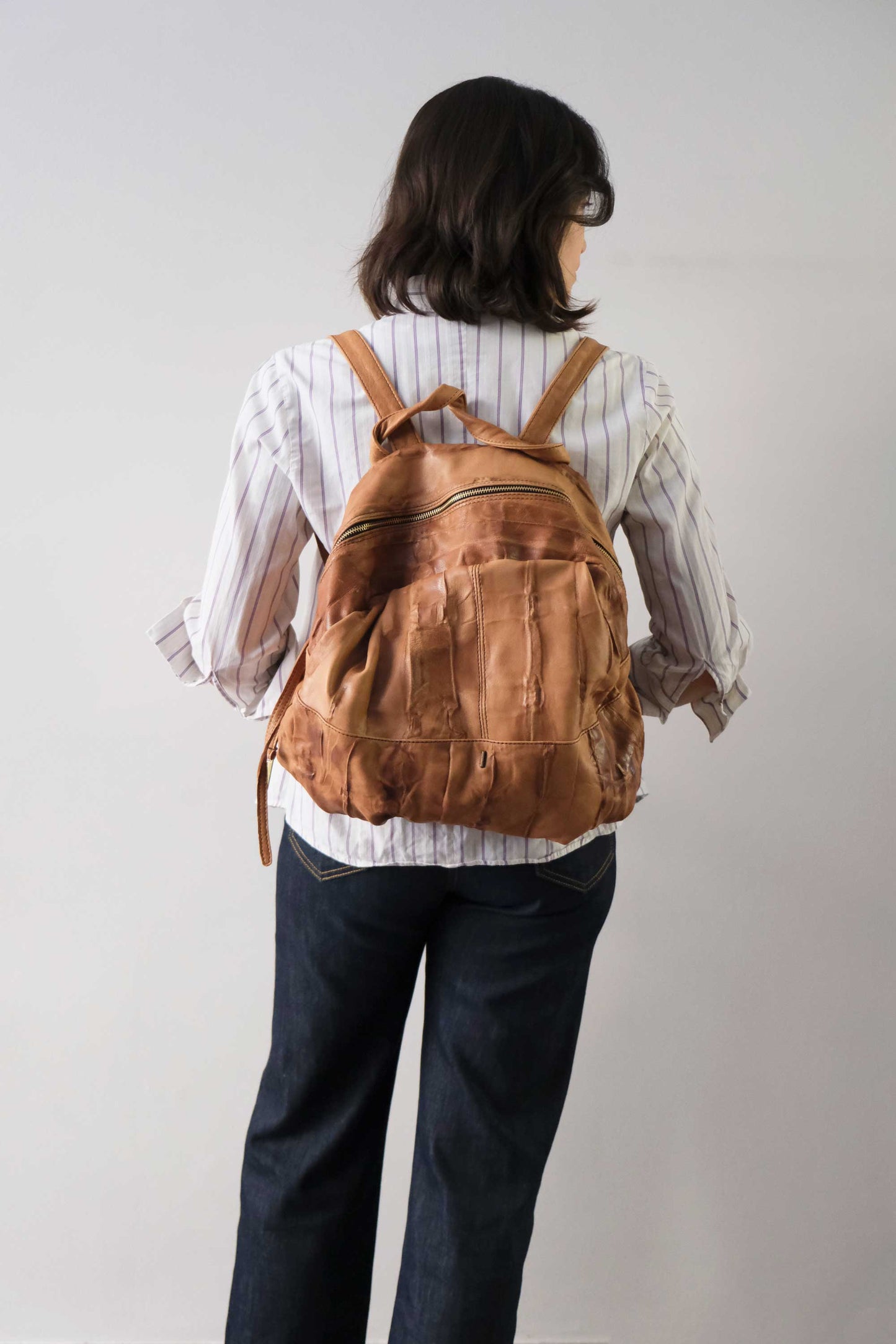 Nerina backpack in leather cognac washed and soft lomè nappa leather - Made in Italy -