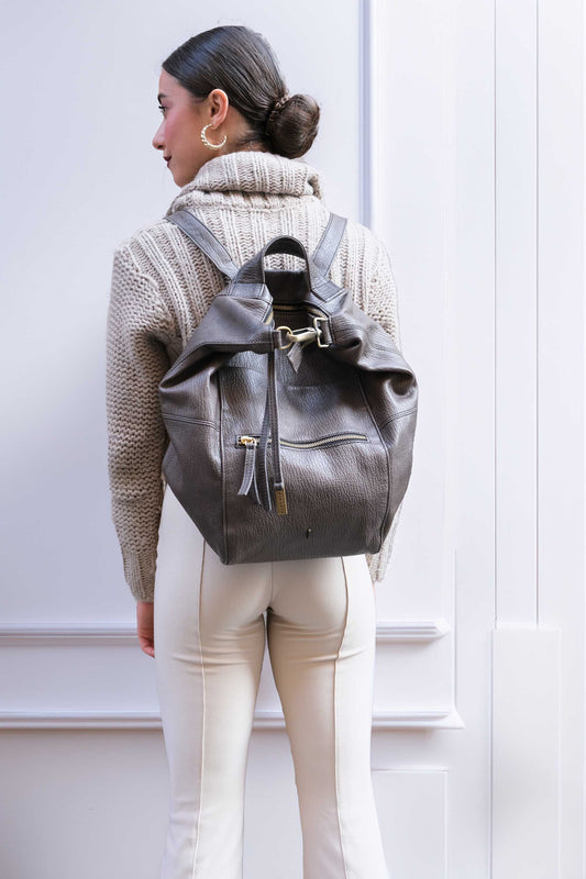 Vicky backpack in graphite shark-print vegetable-tanned nappa leather – Made in Italy -