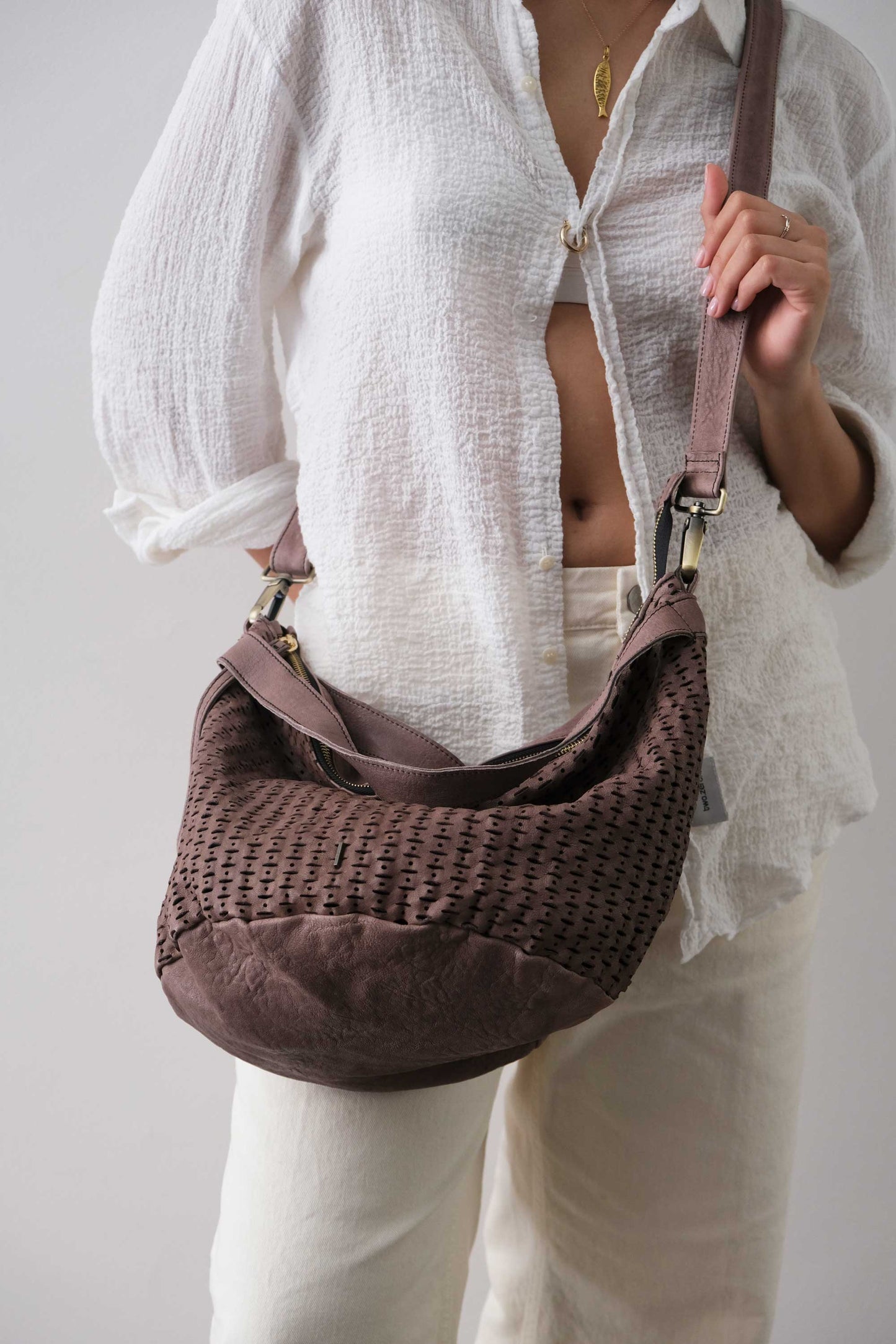 Carola bag in taupe perforated giunco soft leather - Made in Italy -