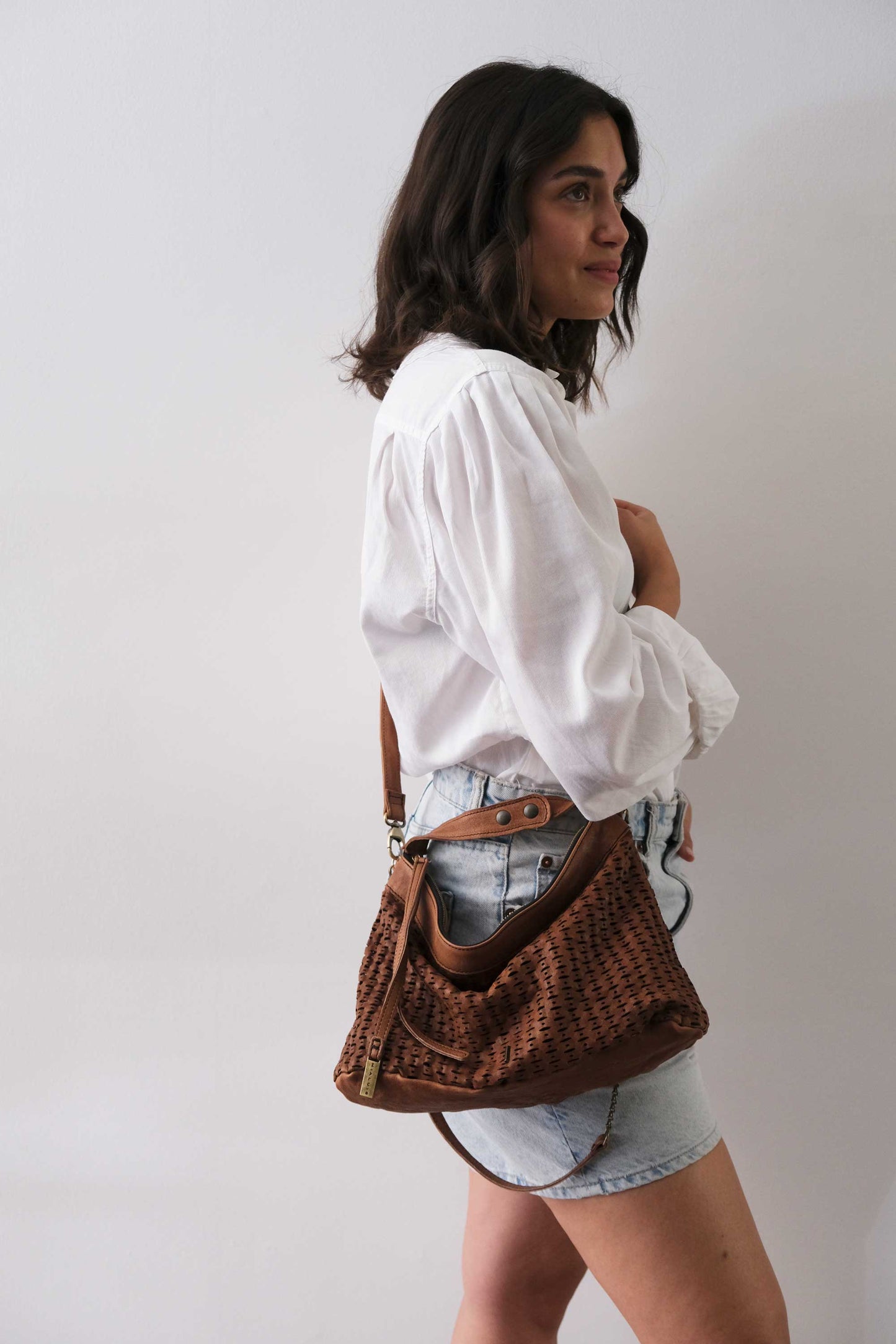 Chicca Media hobo bag in chocolate perforated giunco nappa - Made in Italy -
