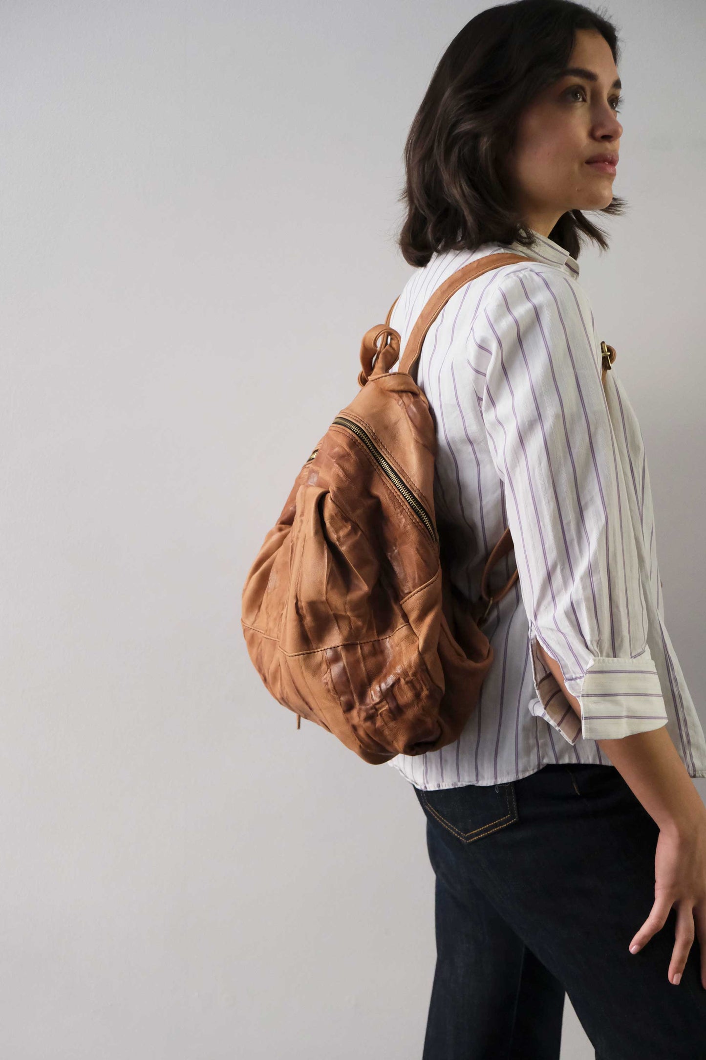 Nerina backpack in leather cognac washed and soft lomè nappa leather - Made in Italy -
