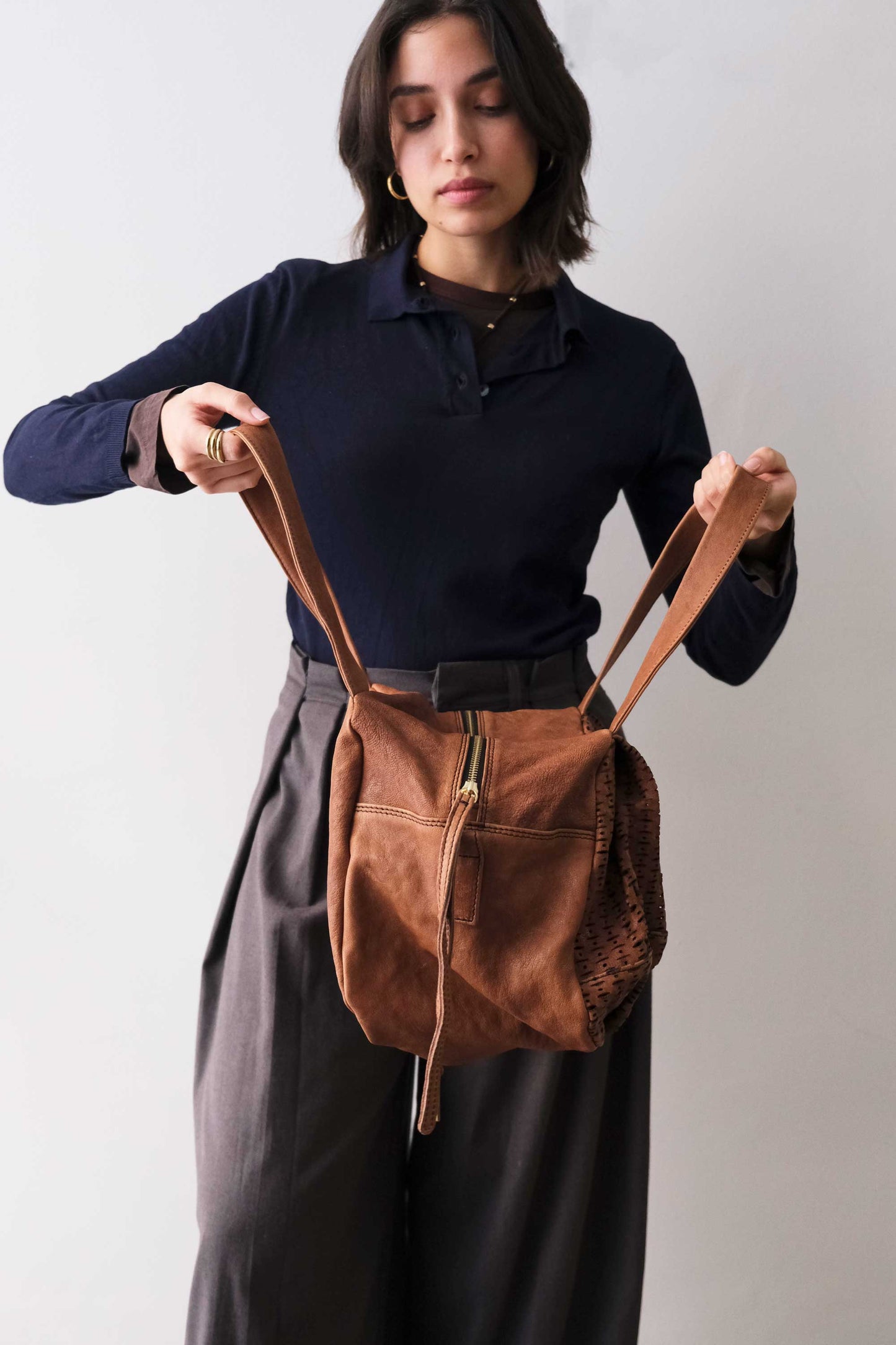 Betty tote in chocolate perforated giunco nappa leather - Made in Italy -