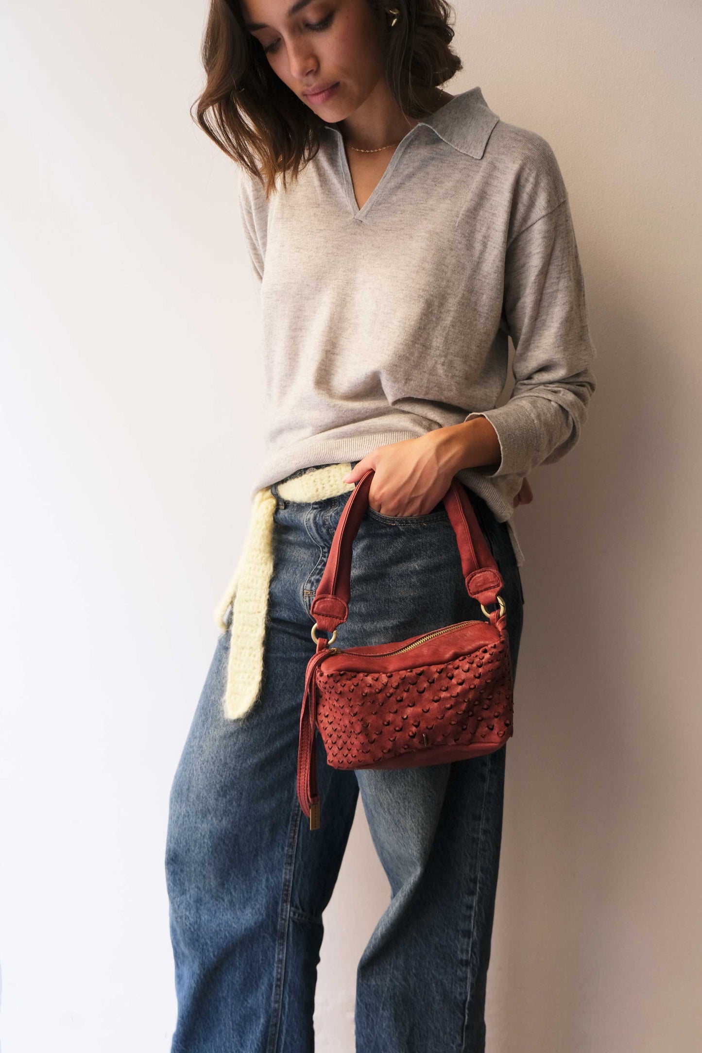 Bobo mini in cherry perforated nappa vegetable leather - Made in Italy -