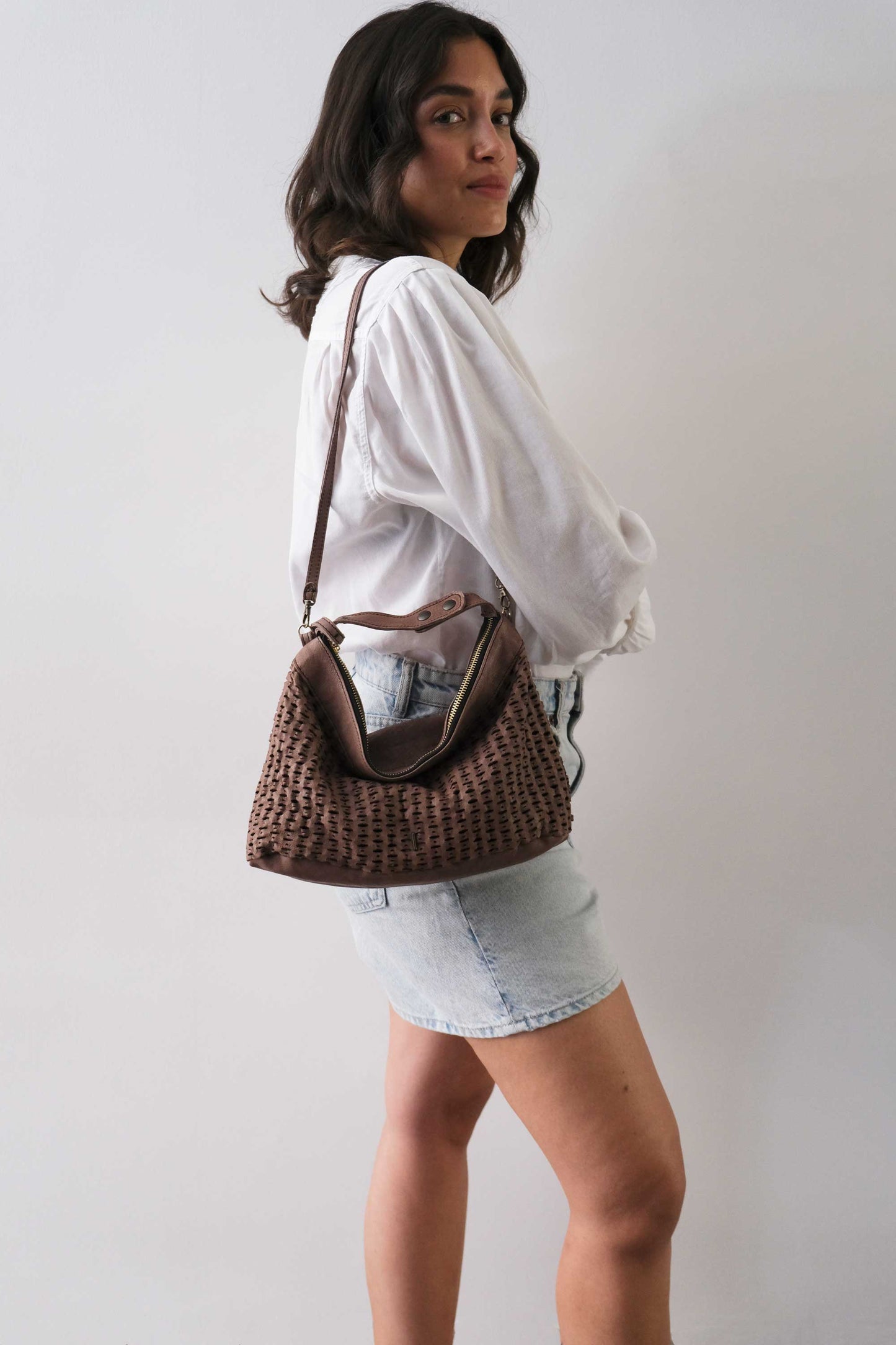 Chicca Media hobo bag in taupe perforated giunco nappa - Made in Italy -