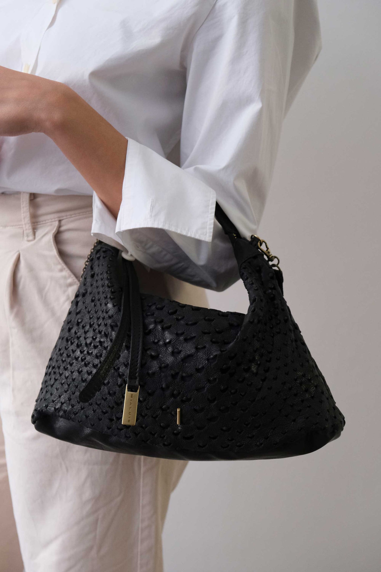 Chicca Media hobo bag in black perforated nappa - Made in Italy -