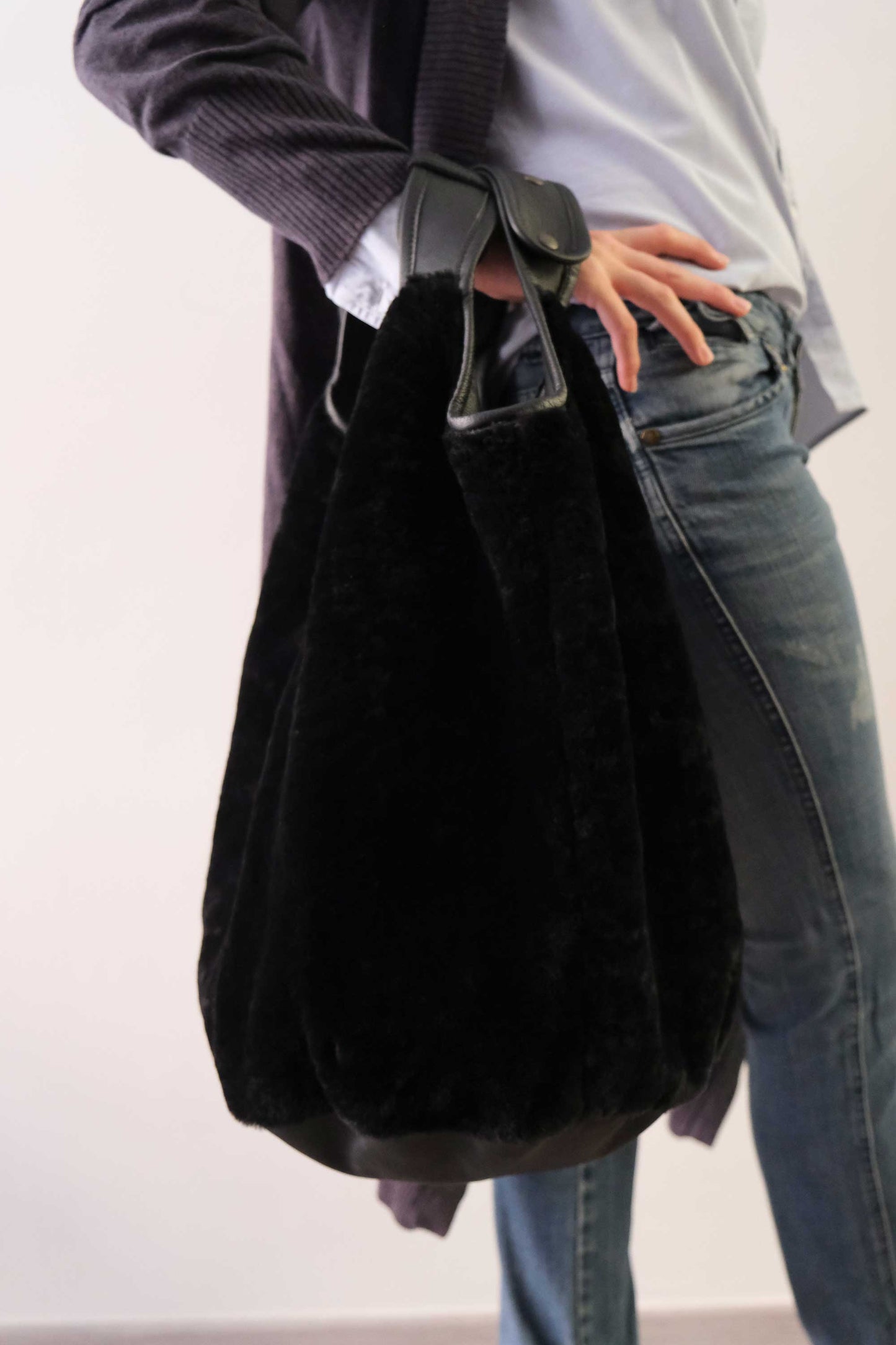 Lena tote bag in black shearling leather - Made in Italy -