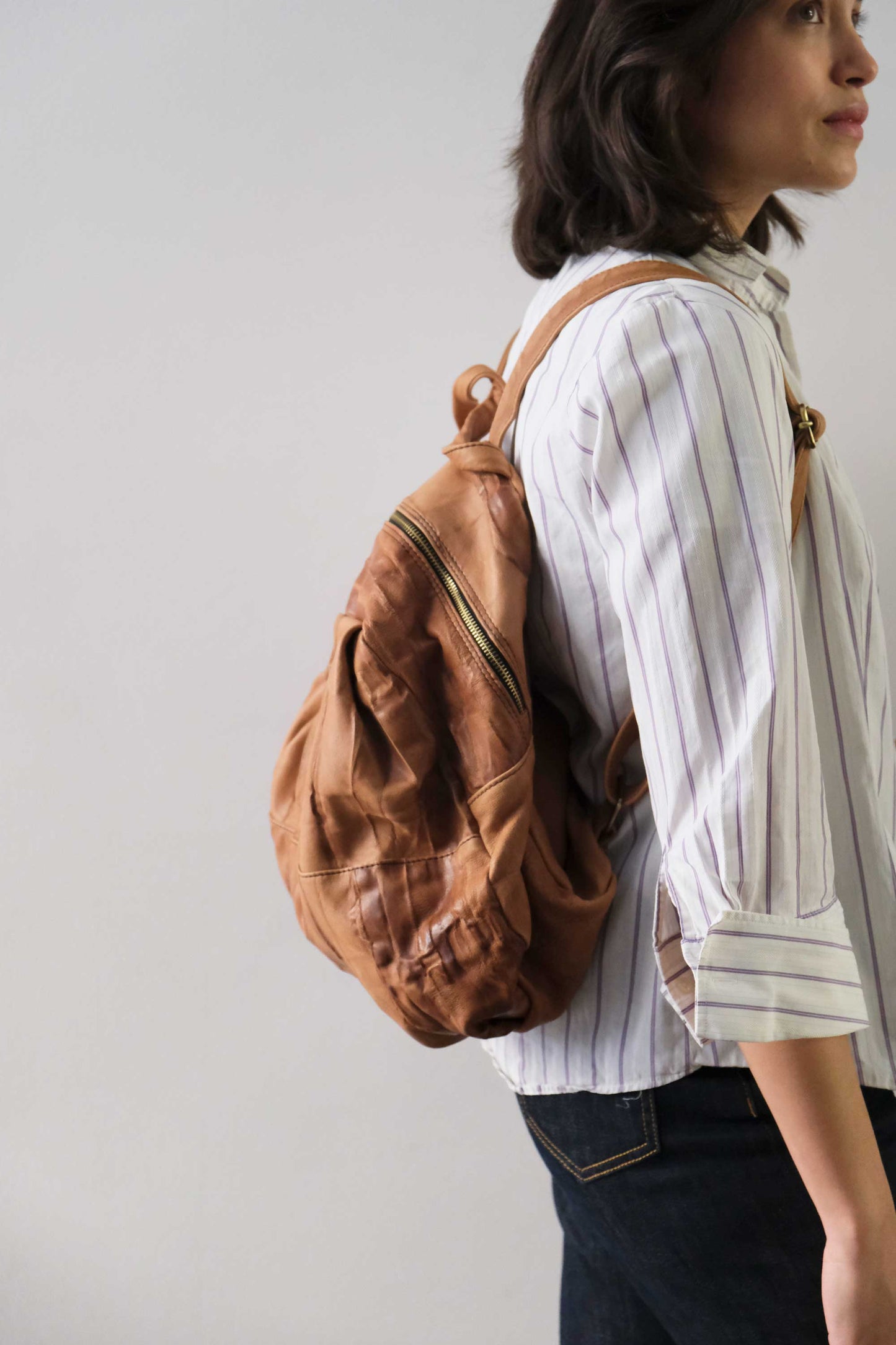Nerina backpack in leather cognac washed and soft lomè nappa leather - Made in Italy -