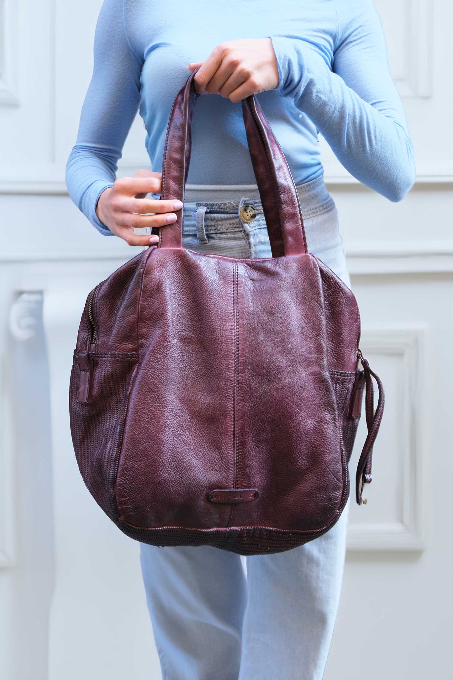 Riri tote bag in plum turner calf soft leather - Made in Italy -