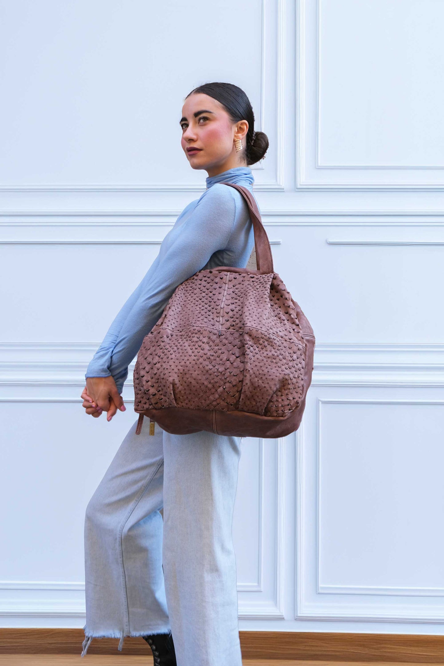 Riri tote bag in taupe perforated nappa - Made in Italy -