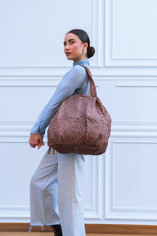 Riri tote bag in taupe perforated nappa - Made in Italy -