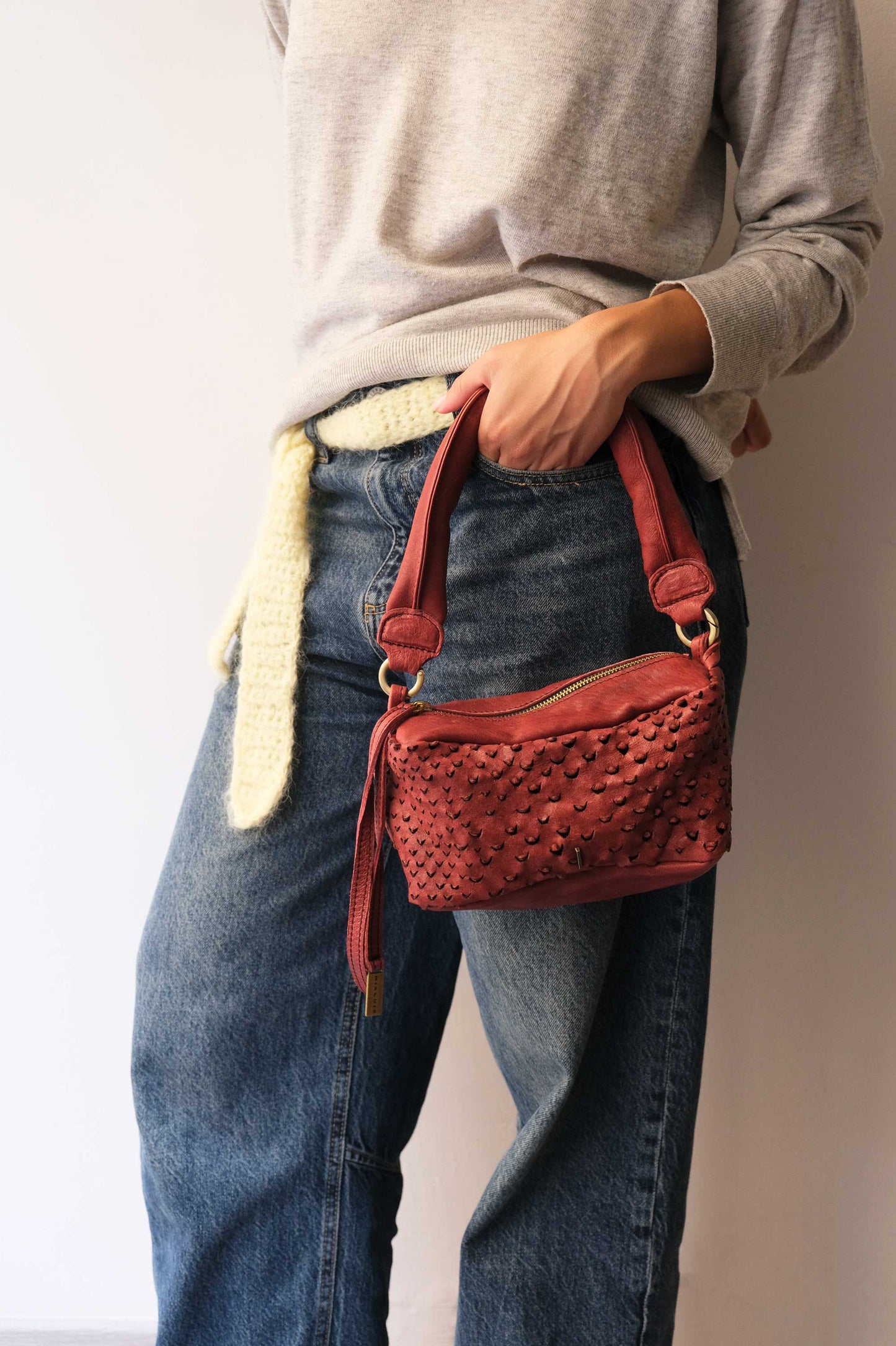 Bobo mini in cherry perforated nappa vegetable leather - Made in Italy -