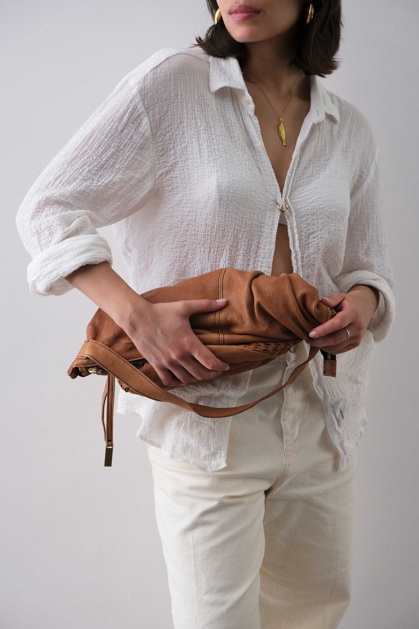 Carola bag cognac in morbida nappa traforata giunco - Made in Italy -