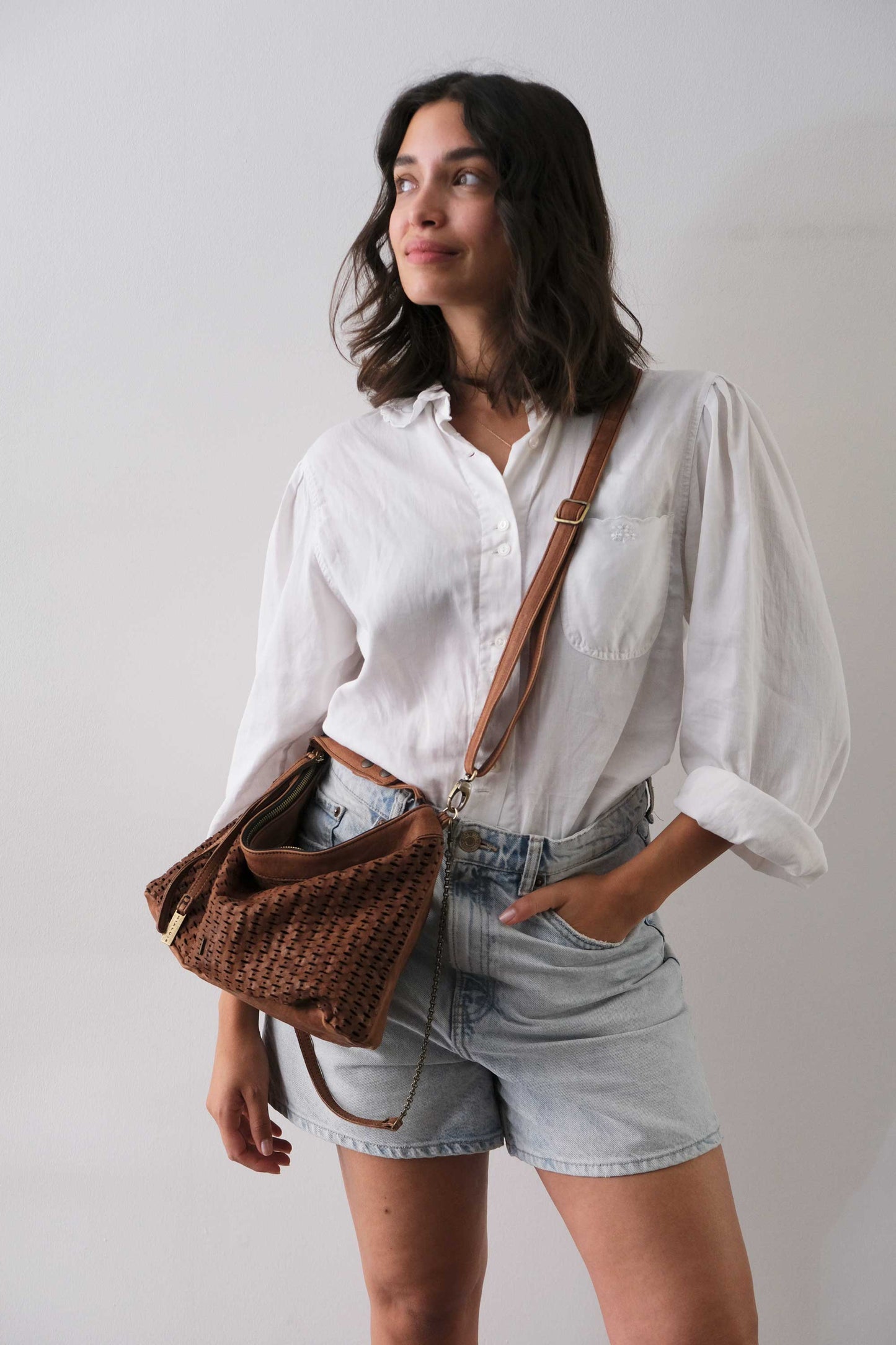 Chicca Media hobo bag in chocolate perforated giunco nappa - Made in Italy -
