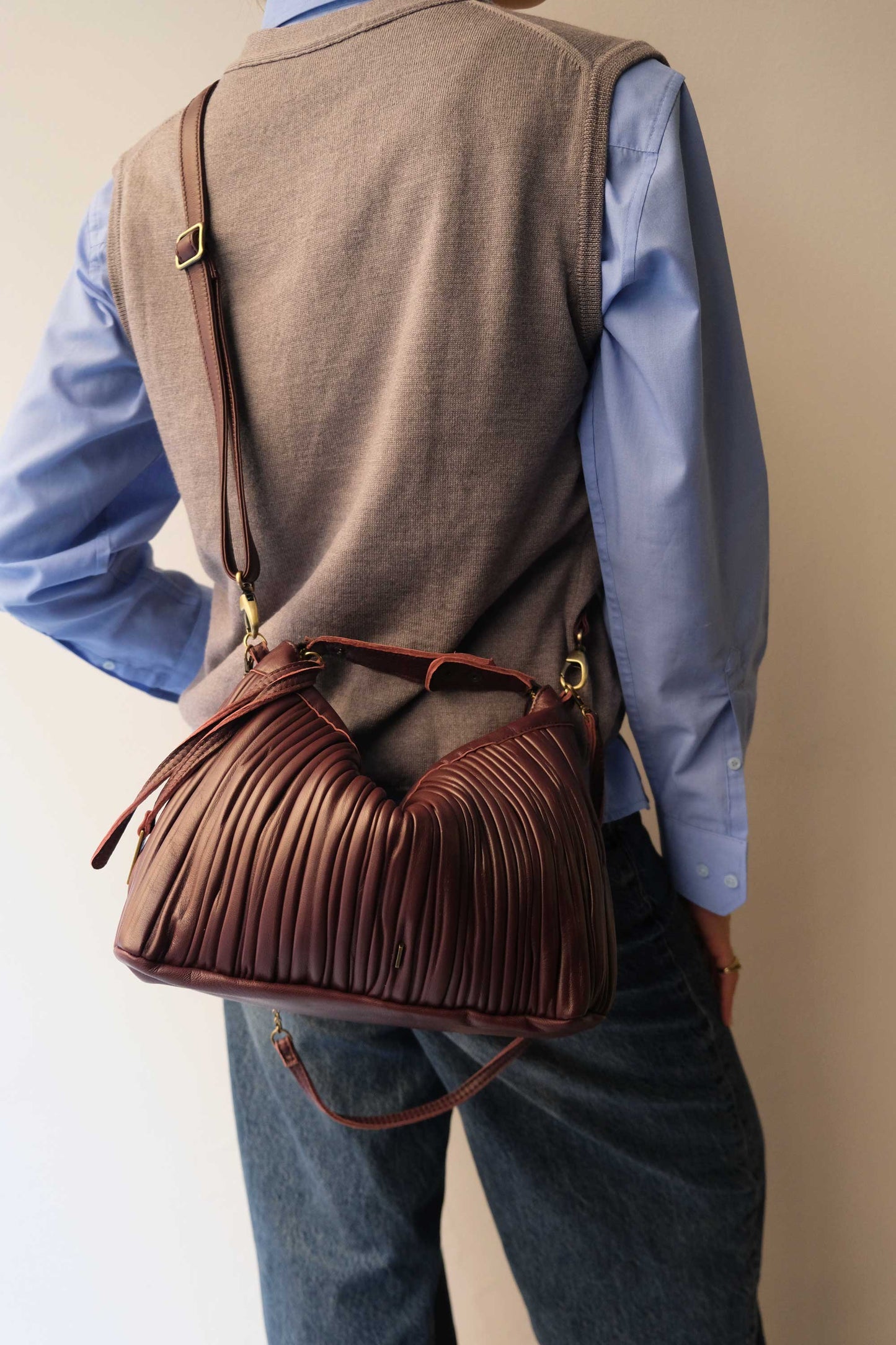 PRE ORDER discount 15%-Chicca Media hobo bag in plum pleated leather - use code PREORDER15 - ESTIMATED DELIVERY SEPTEMBER 15- Made in Italy -