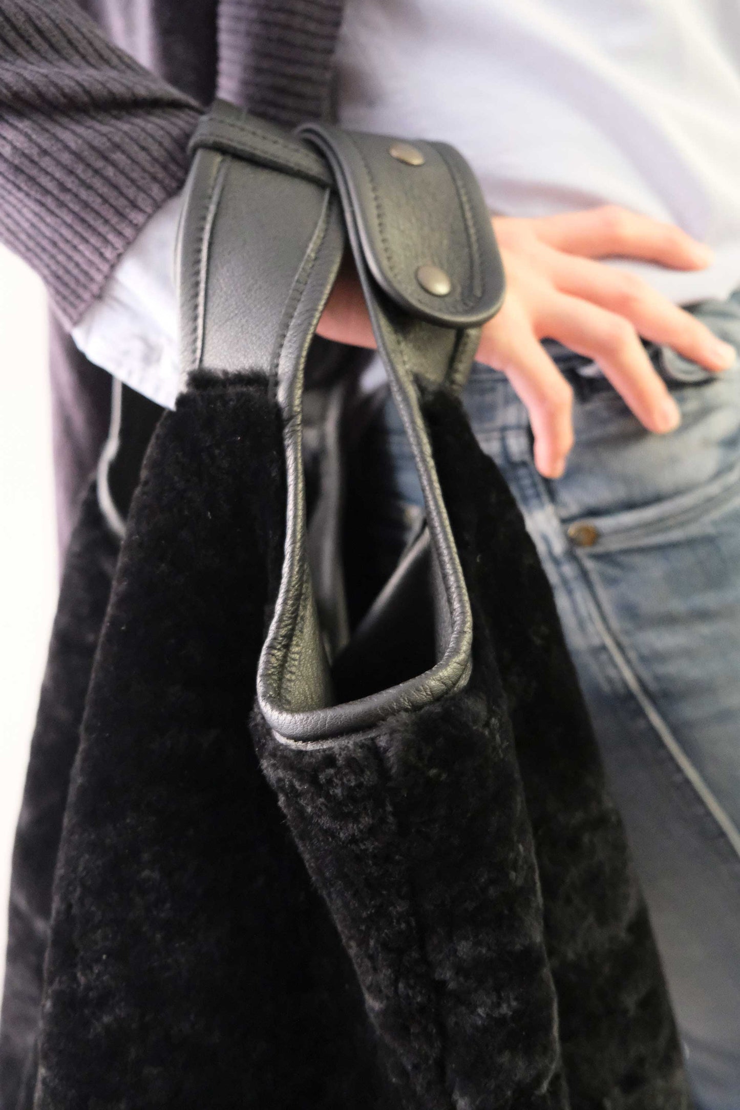 Lena tote bag in black shearling leather - Made in Italy -