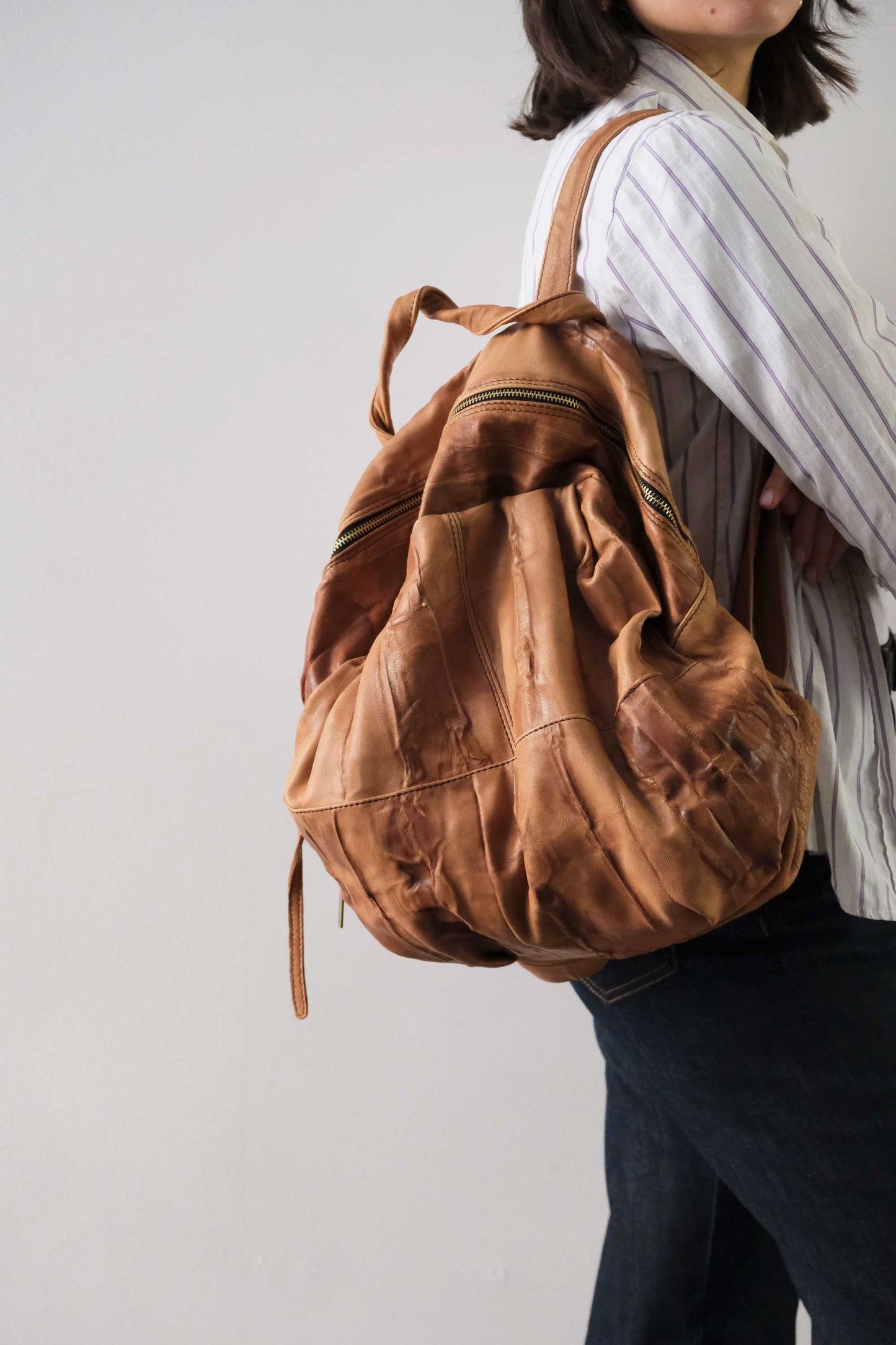 Nerina backpack in leather cognac washed and soft lomè nappa leather - Made in Italy -