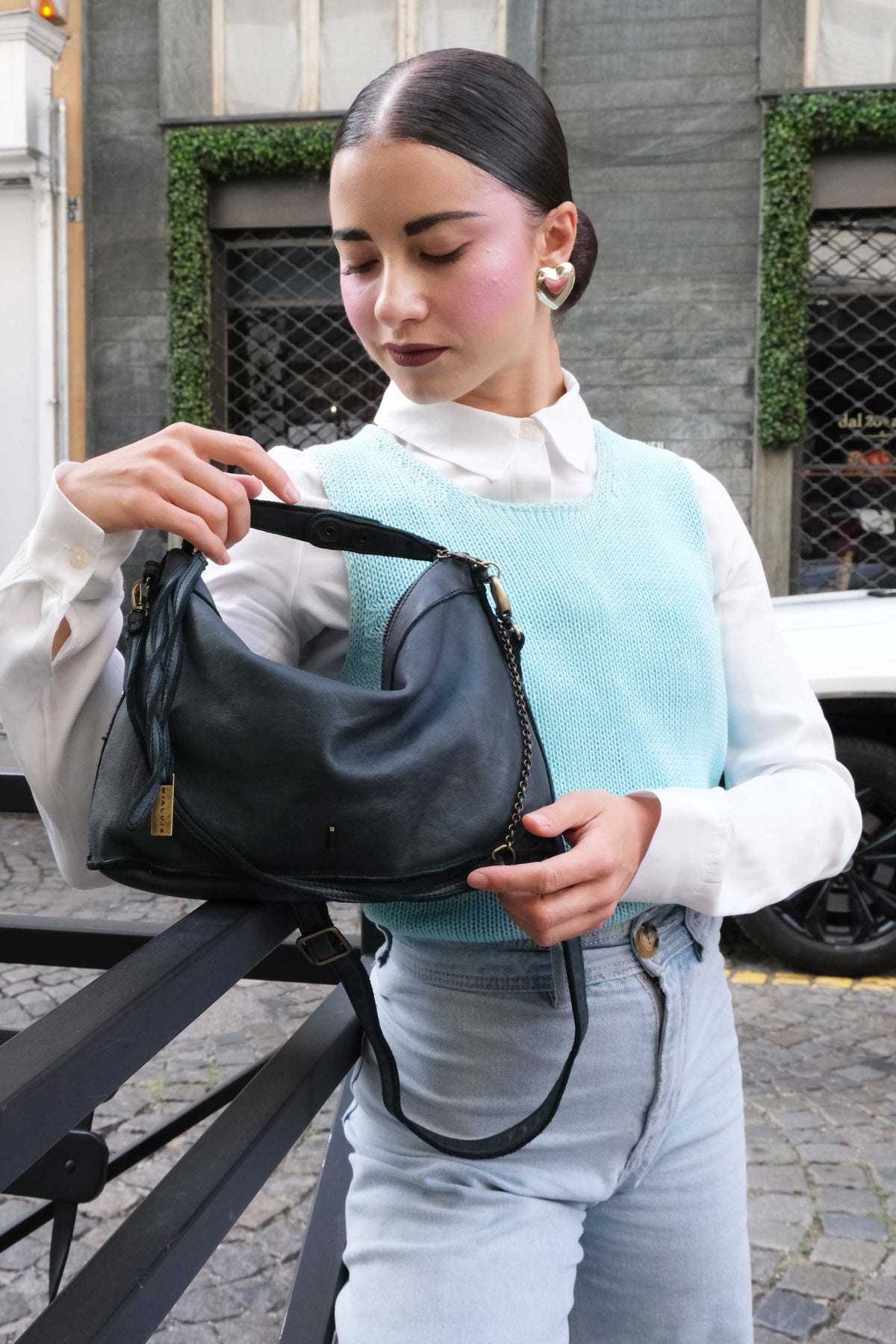 Rechi media hobo bag teal garment-dyed leather - Made in Italy -