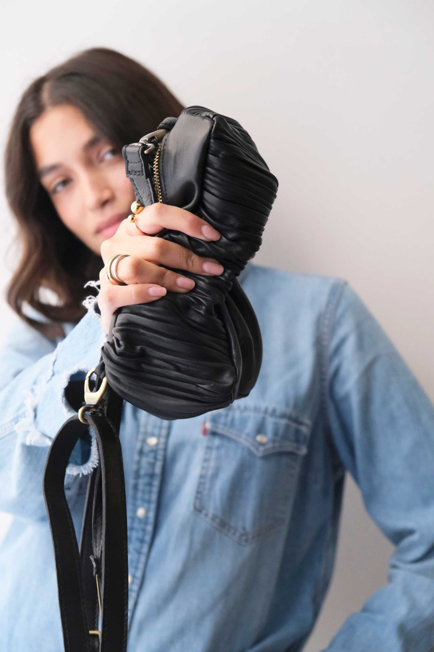 Bobo mini in black pleated leather nappa - Made in Italy -