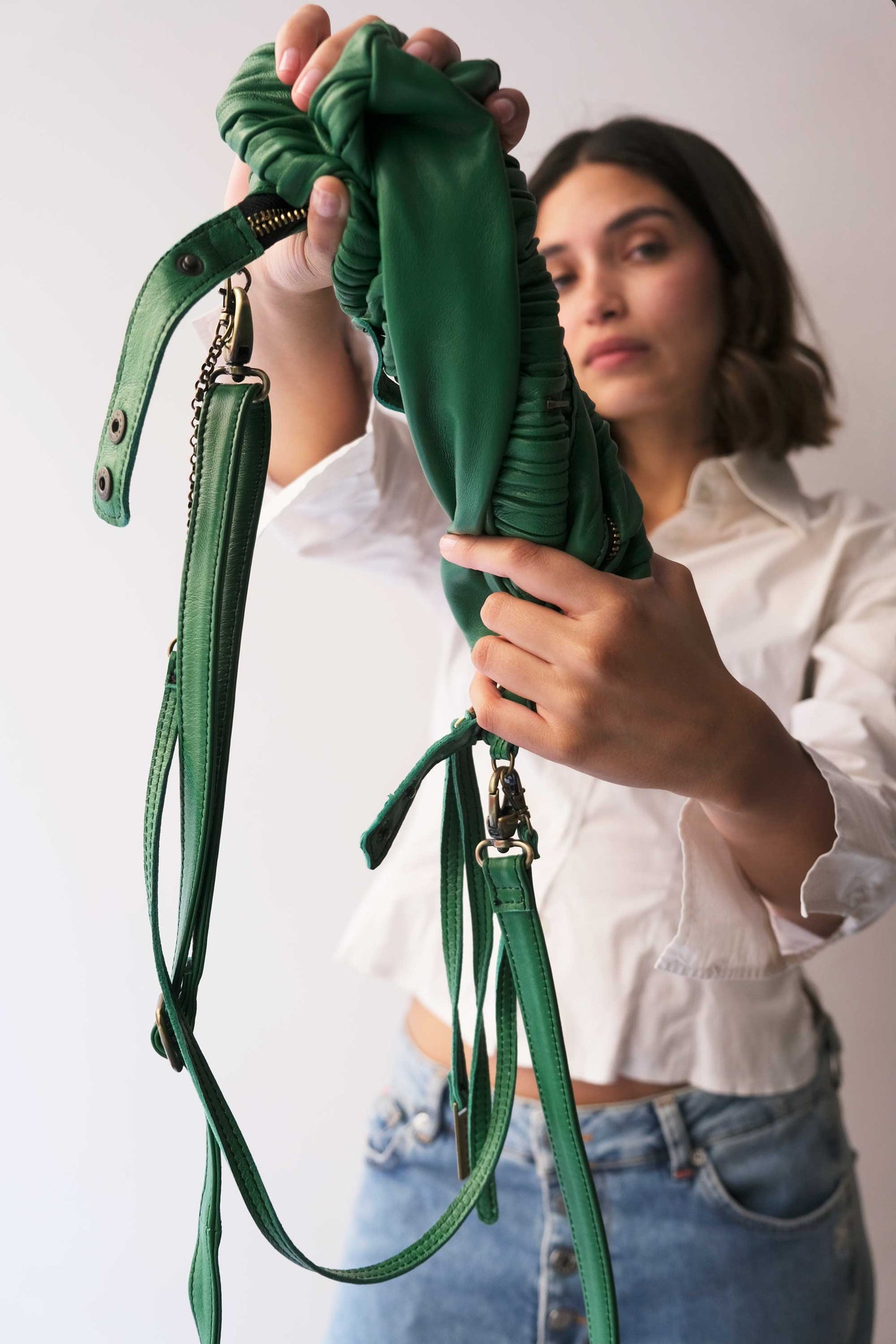 Chicca Media hobo bag in emerald pleated leather