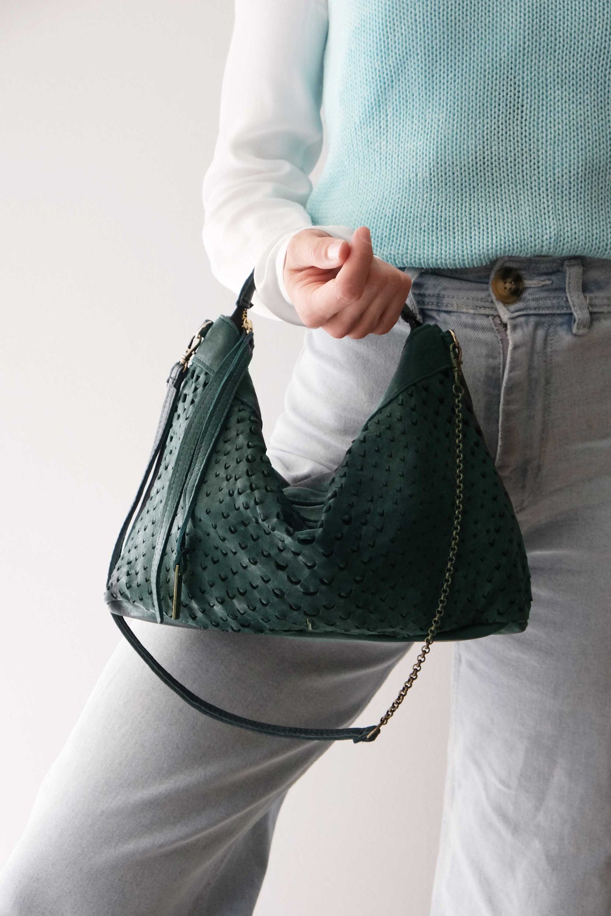 Chicca Media hobo bag in teal perforated nappa - Made in Italy -