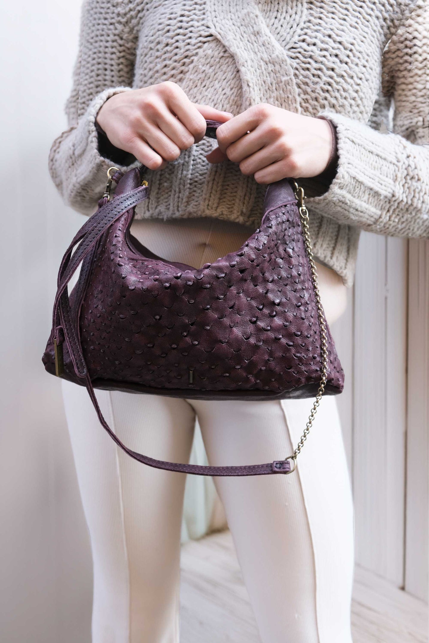 Chicca Media hobo bag in plum perforated nappa - Made in Italy-